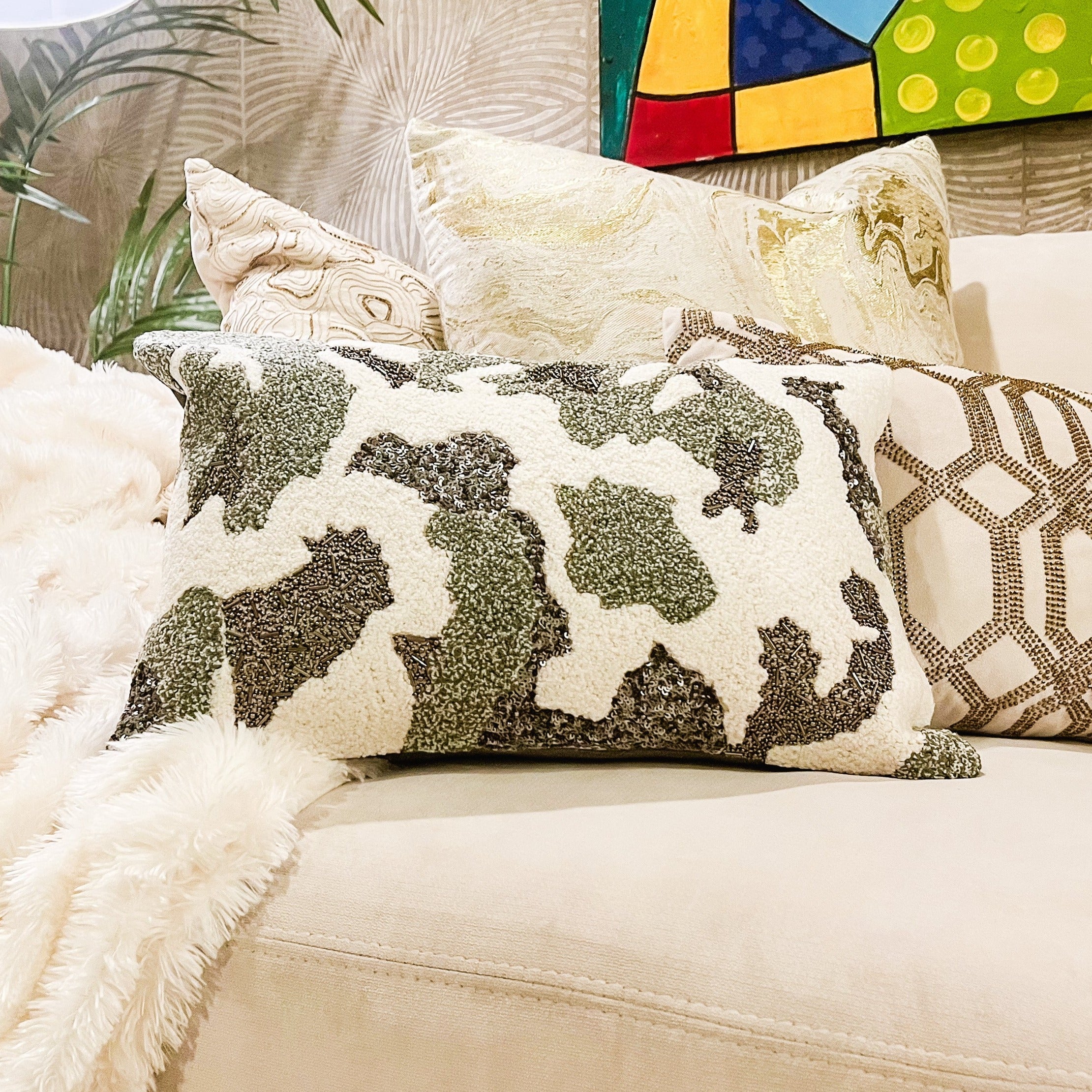 Ivory Gray Boucle Velvet Lumbar Pillow