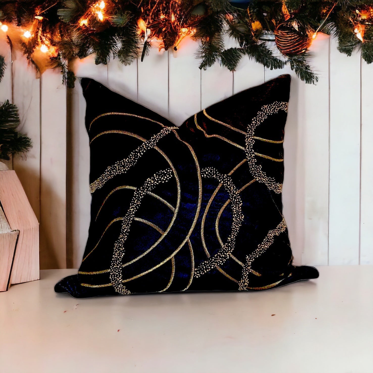 Black and Gold Embroidered Velvet Pillow Cover 20x20 - DiamondVale