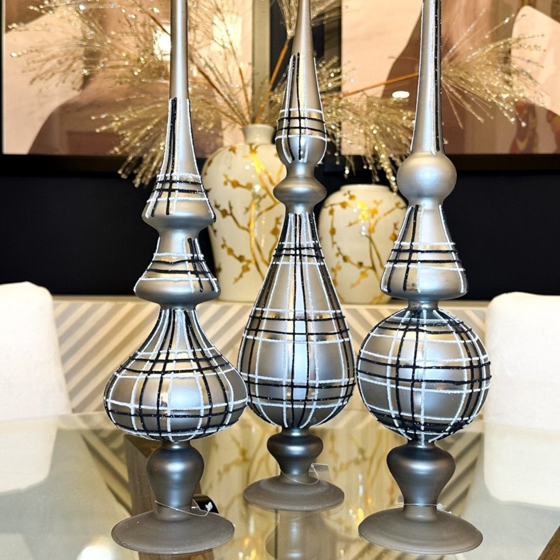Black, Silver and Gray Tartan Plaid Glass Finials (Set of 3)