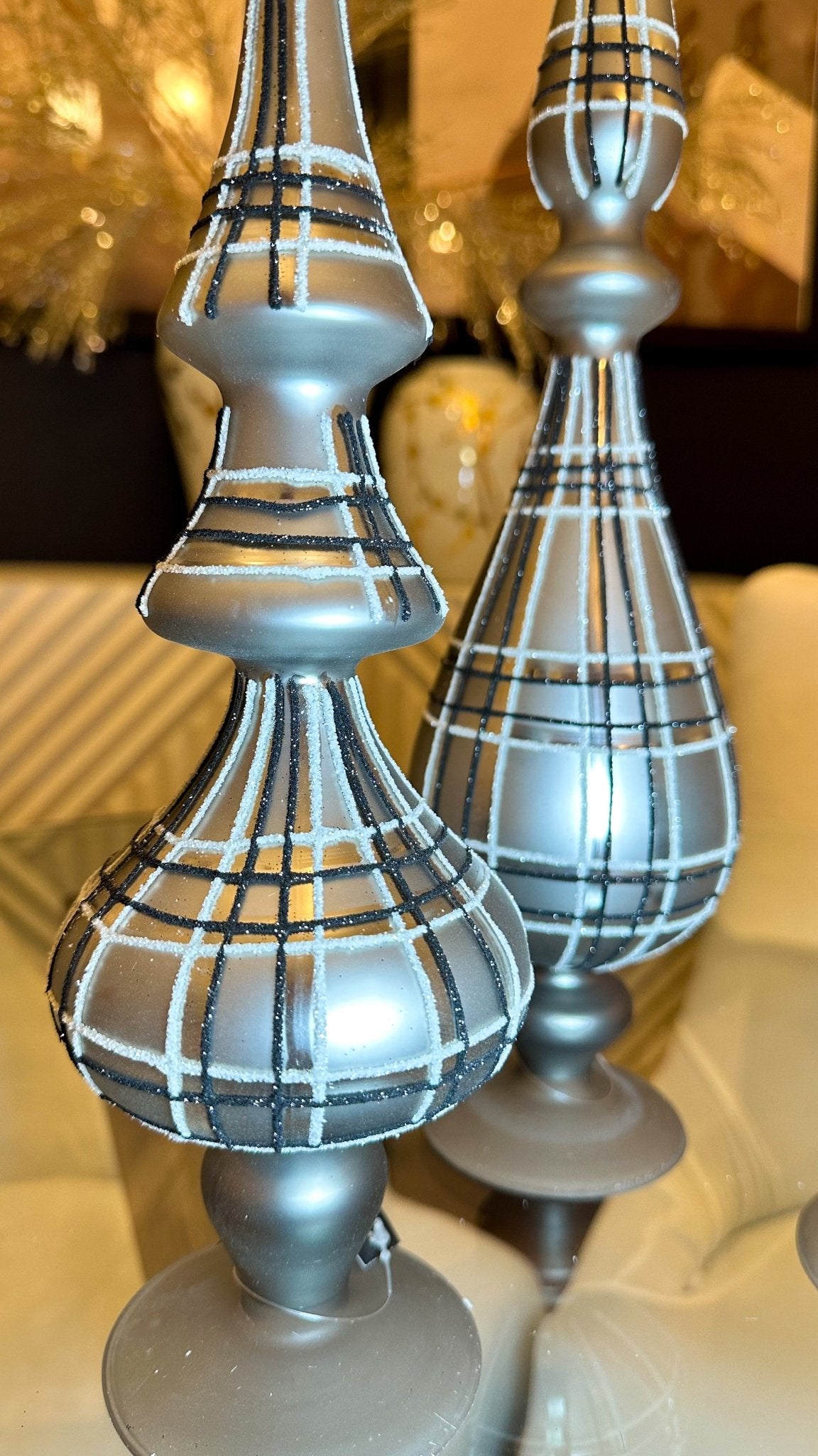 Black, Silver and Gray Tartan Plaid Glass Finials (Set of 3) - DiamondVale