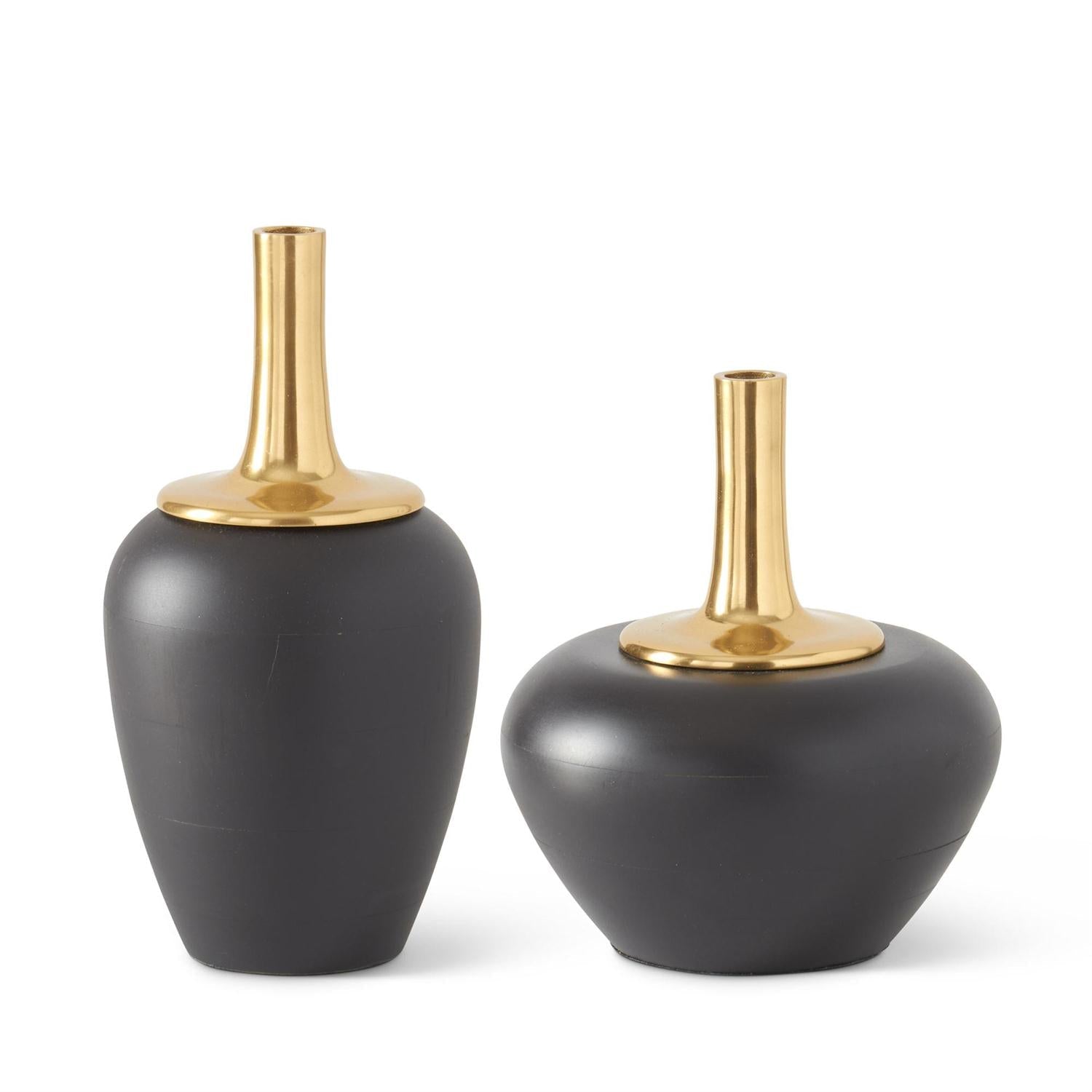 Black Wood Vases w/ long Gold Metal Necks (Set of 2) - DiamondVale