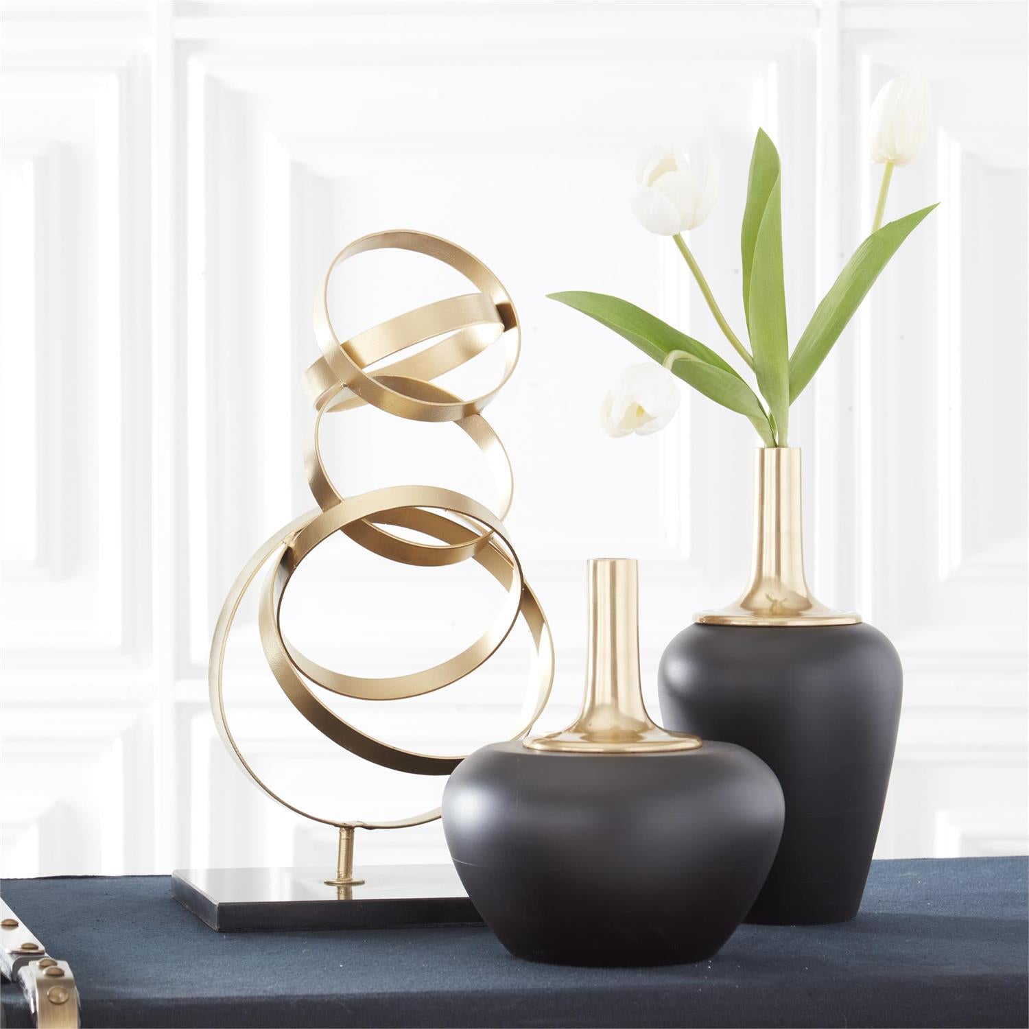Black Wood Vases w/ long Gold Metal Necks (Set of 2) - DiamondVale