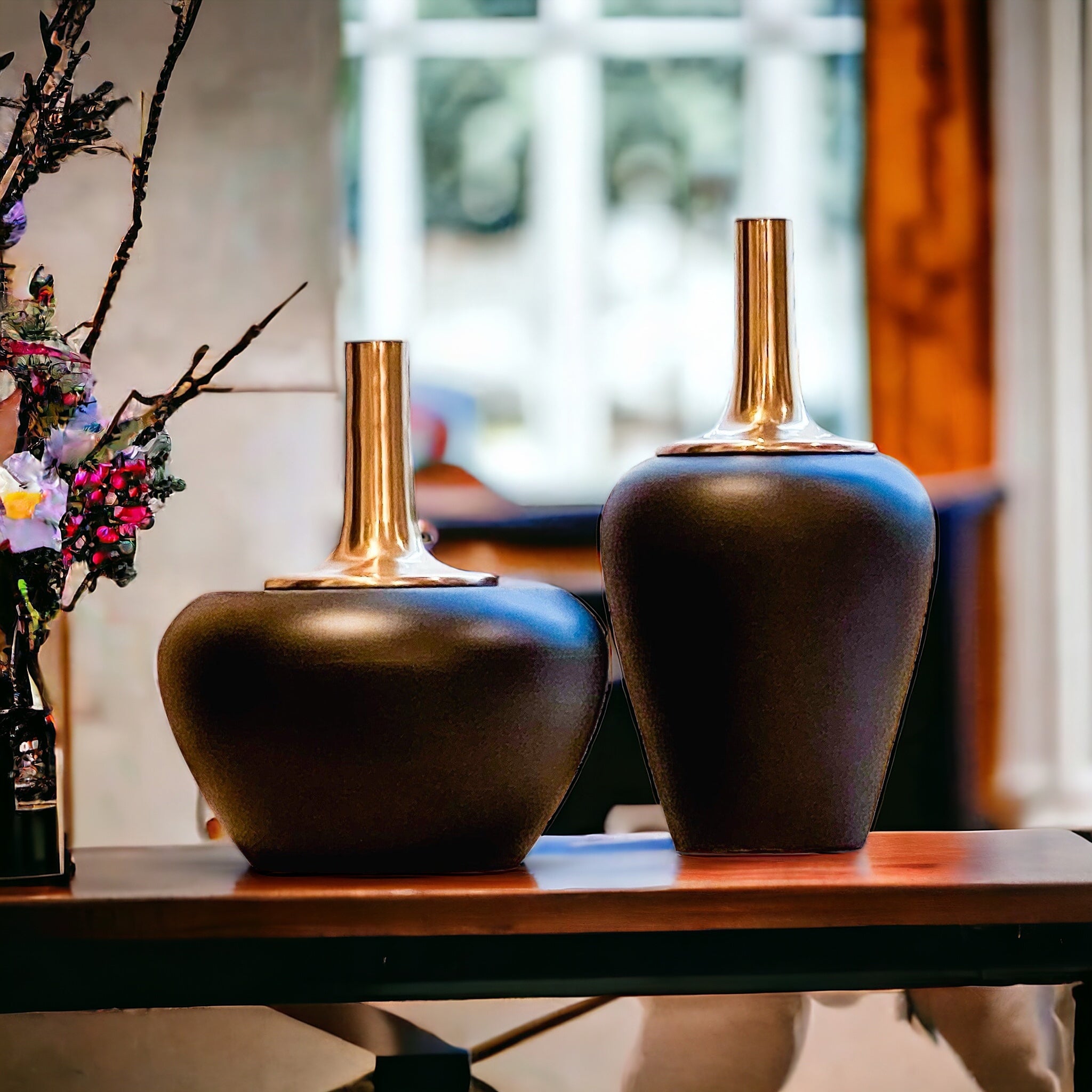 Black Wood Vases with Long Gold Metal Necks (Set of 2) - DiamondVale