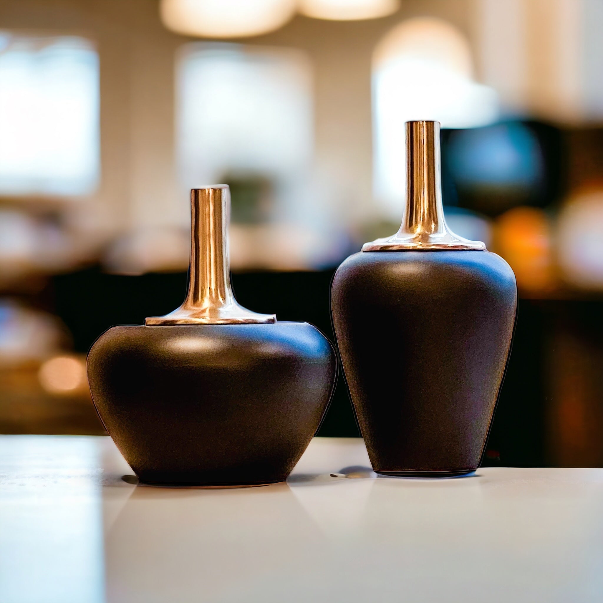Black Wood Vases with Long Gold Metal Necks (Set of 2) - DiamondVale