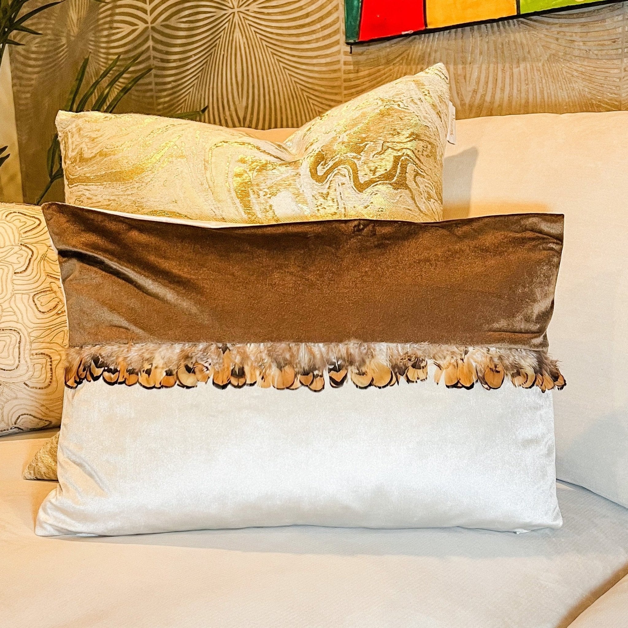 Brown and Ivory Velvet Lumbar Pillow Cover - DiamondVale