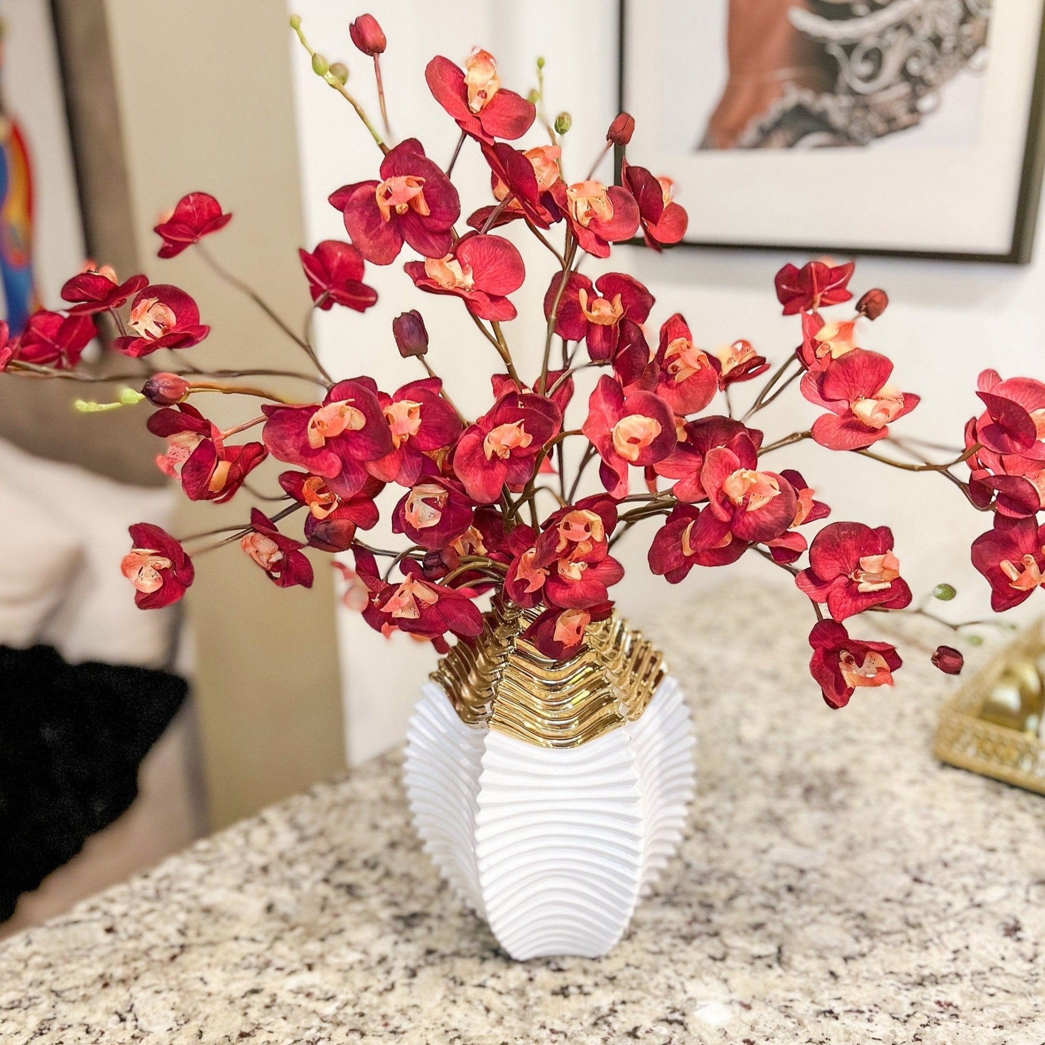 Burgundy Phalaenopsis Orchid (25") | Red Flower | Artificial Flowers | Faux Flowers | Faux Floral Arrangement - DiamondValeDecor