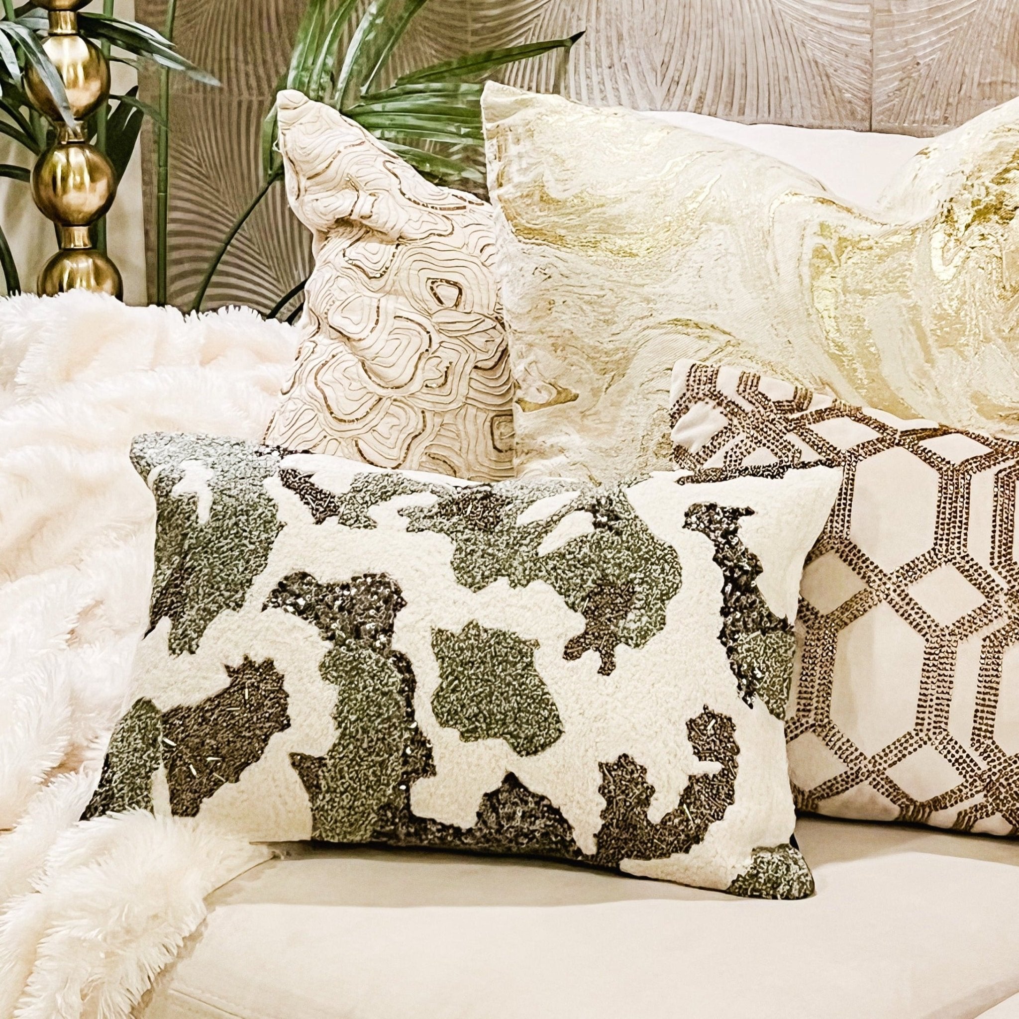 Glam Luxury Ivory Gray Boucle Velvet Lumbar Pillow - DiamondVale