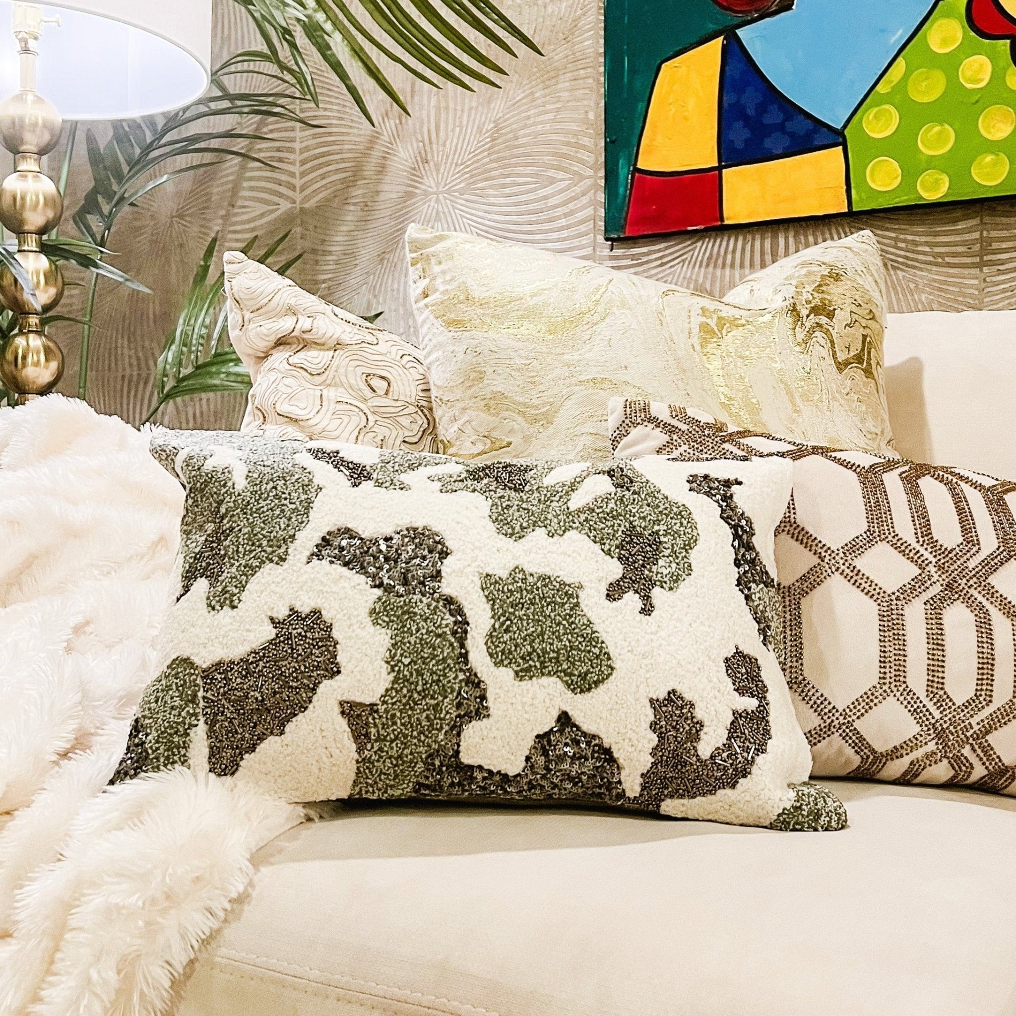 Glam Luxury Ivory Gray Boucle Velvet Lumbar Pillow - DiamondVale
