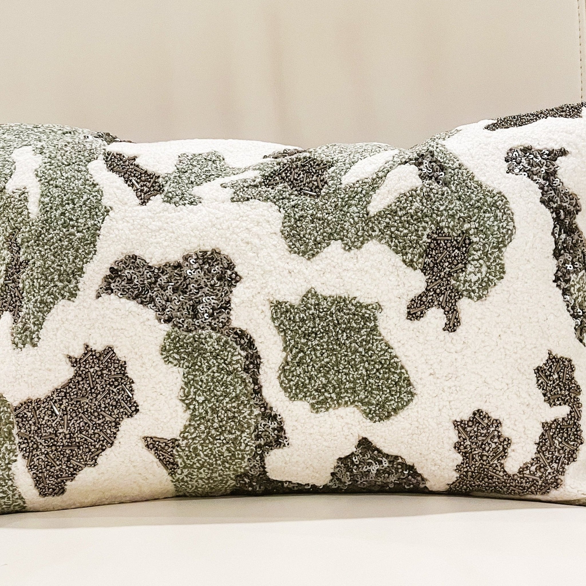Glam Luxury Ivory Gray Boucle Velvet Lumbar Pillow - DiamondVale