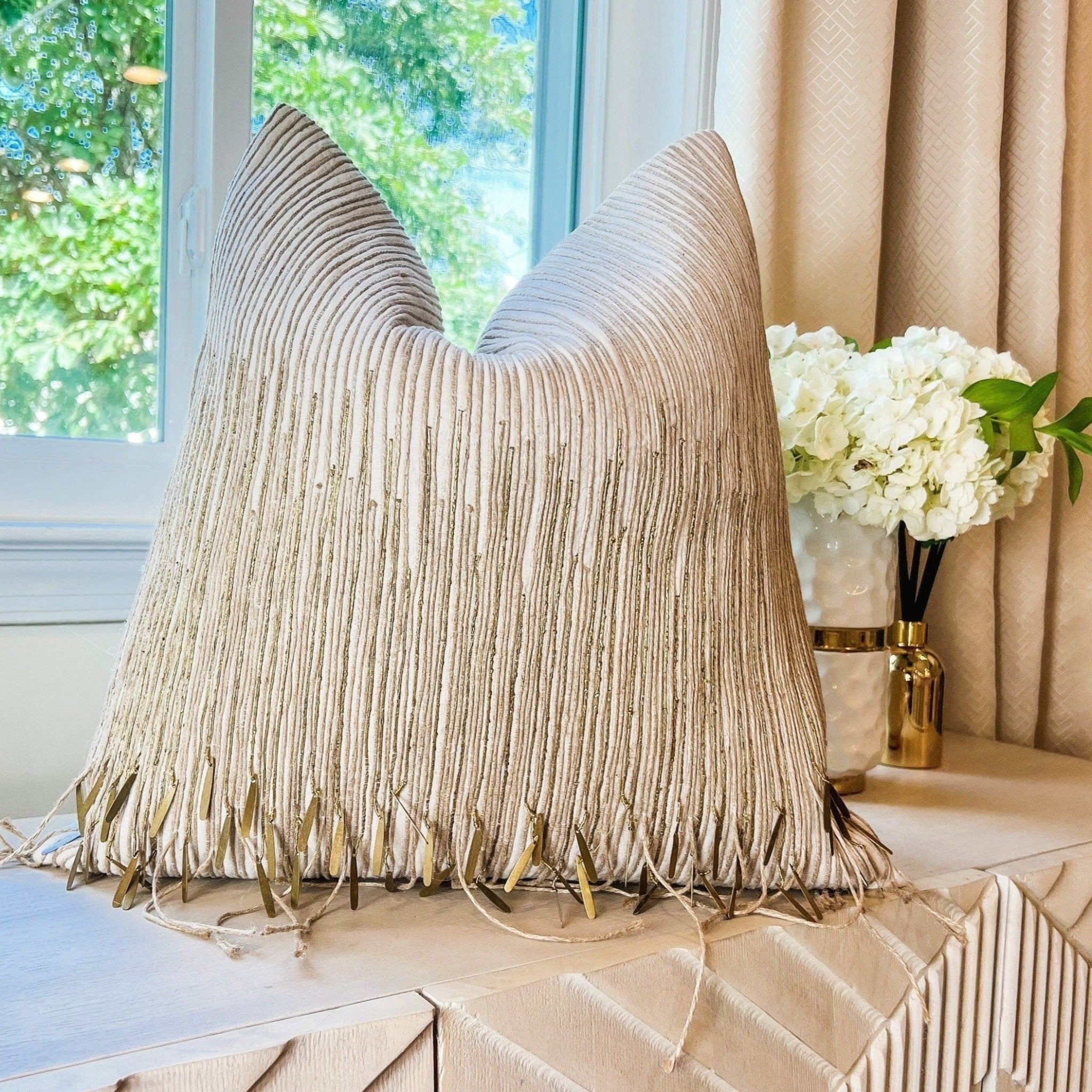 Gold fringe hot sale pillow