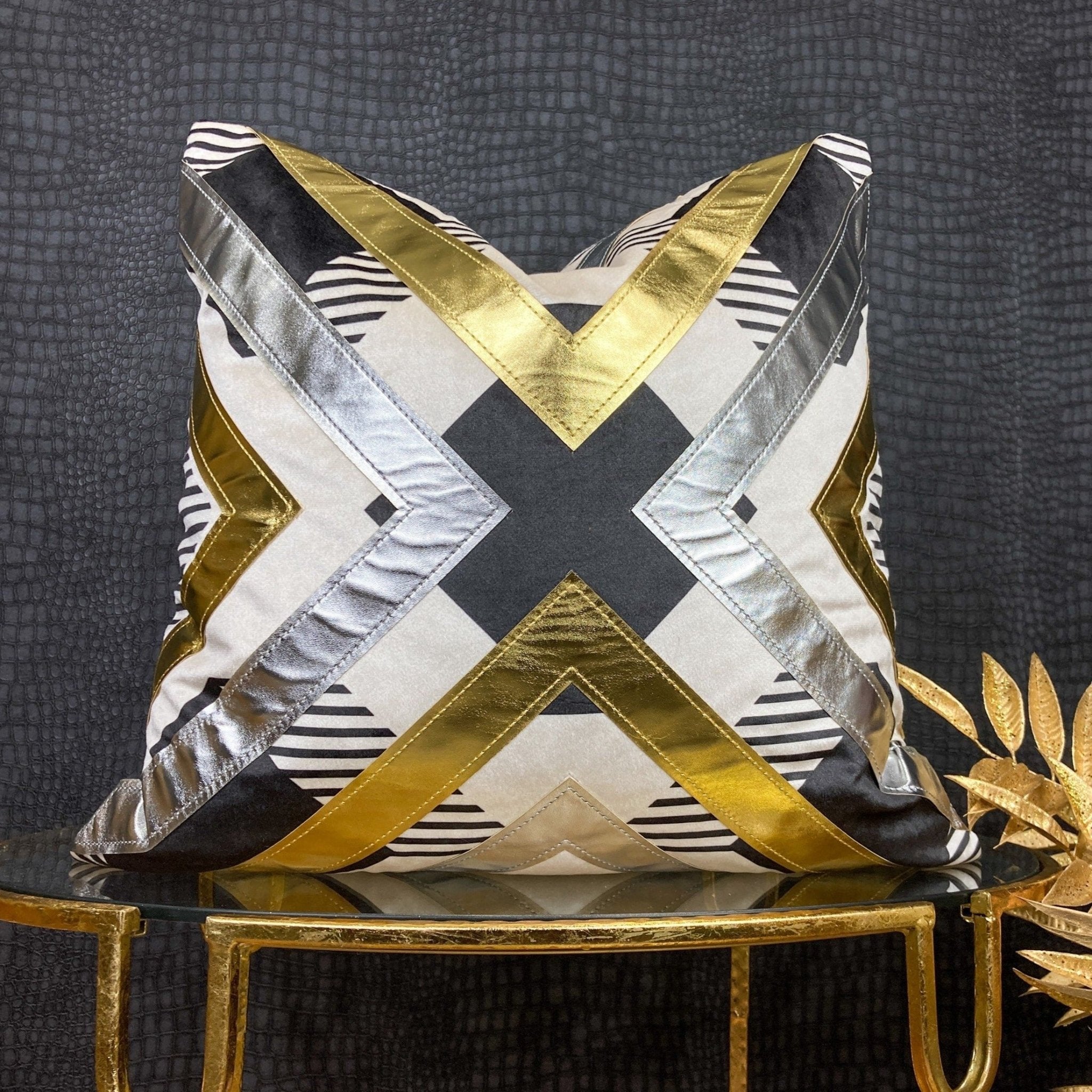 Black Gold Silver Geometric 20x20 Velvet Pillow Cover