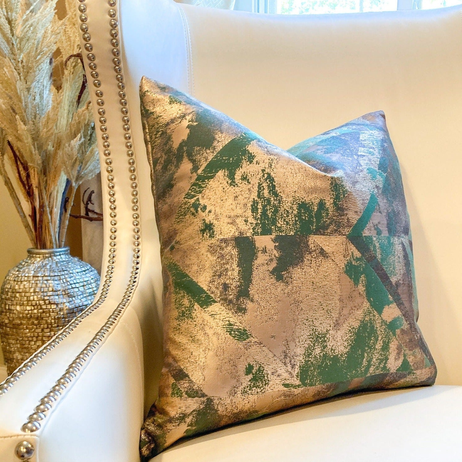 Glam Pillow Cover | Luxury Green and Gold Jacquard Pillow | 20x20 Pillow Cover | Metallic Pillow | Decorative Pillow | Accent Pillow - DiamondValeDecor