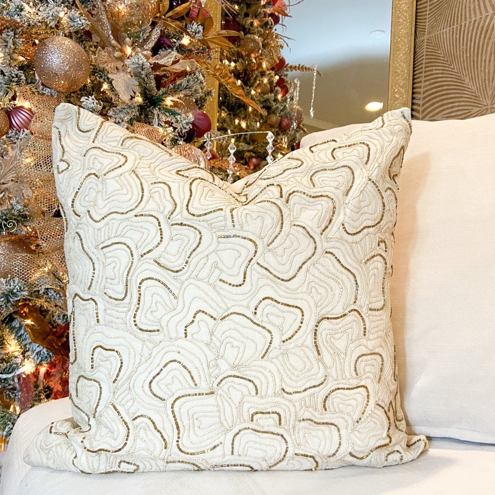 Glam Pillow Cover | Luxury Ivory Beaded Velvet Pillow | 20x20 Pillow Cover | Metallic Pillow | Decorative Pillow | Accent Pillow |Housewarming Gift - DiamondValeDecor
