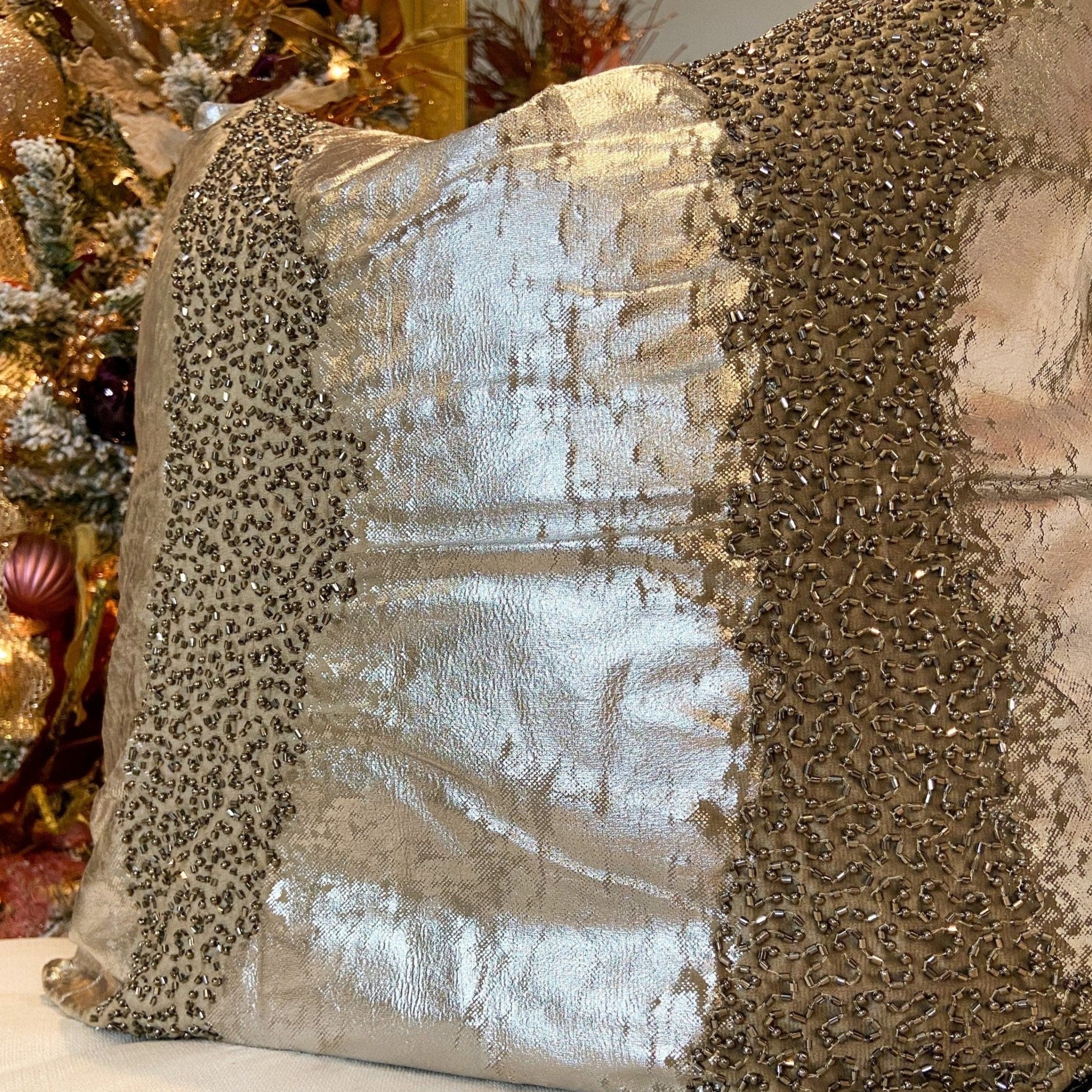 Glam Pillow Cover | Luxury Silver Beaded Velvet Pillow | 20x20 Pillow | Metallic Pillow | Decorative Pillow | Accent Pillow | Housewarming Gift - DiamondValeDecor