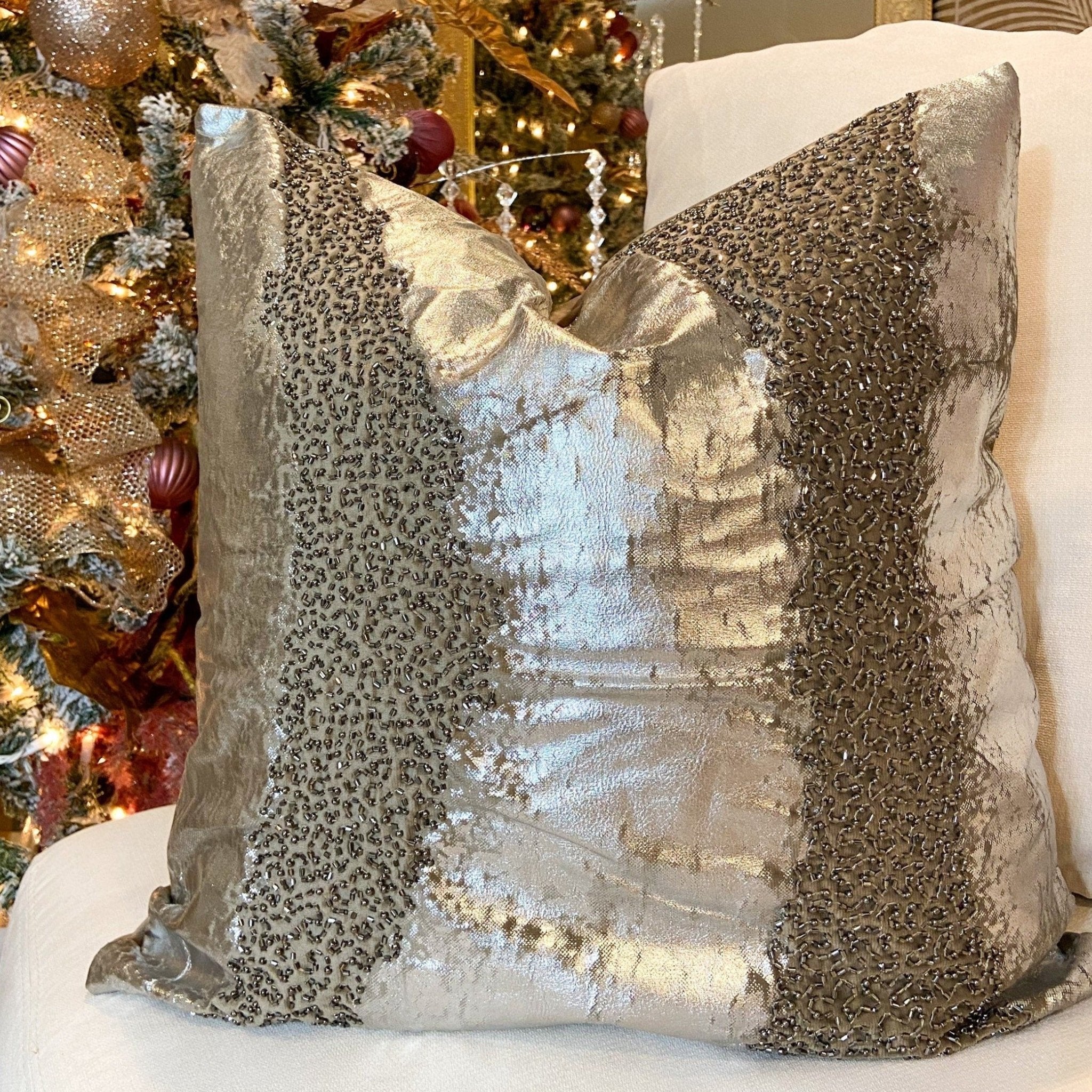 Glam Pillow Cover | Luxury Silver Beaded Velvet Pillow | 20x20 Pillow | Metallic Pillow | Decorative Pillow | Accent Pillow | Housewarming Gift - DiamondValeDecor