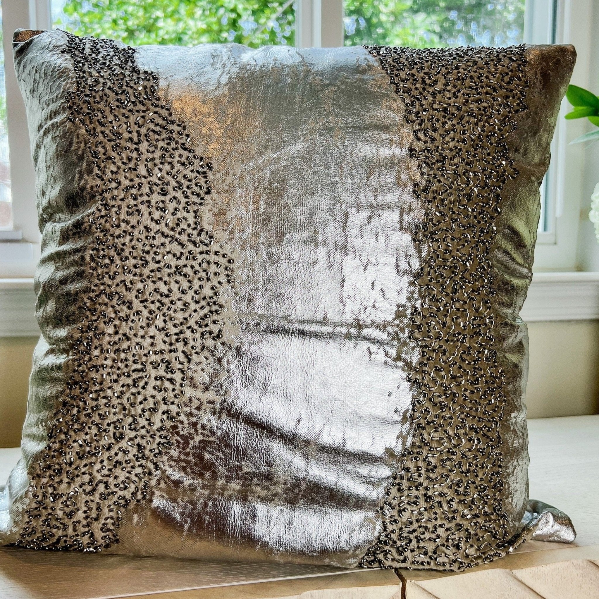 Glam Pillow Cover | Luxury Silver Beaded Velvet Pillow | 20x20 Pillow | Metallic Pillow | Decorative Pillow | Accent Pillow | Housewarming Gift - DiamondValeDecor