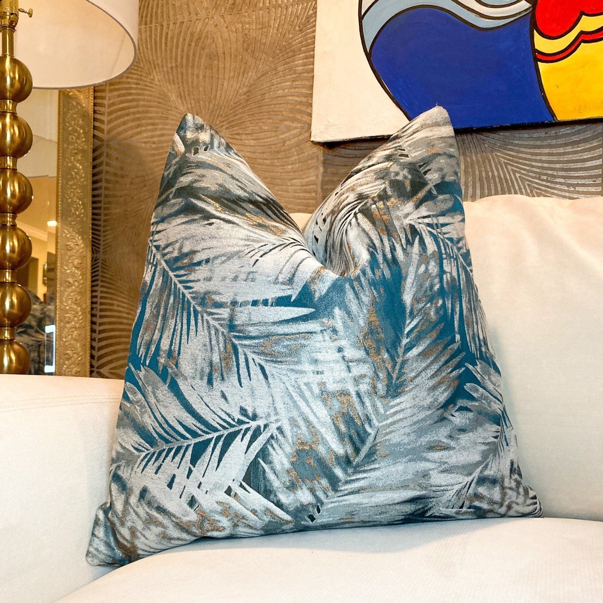 Glam Pillow Cover | Luxury Teal Metallic Leaf Printed Pillow Cover | 20x20 Pillow Cover | Metallic Pillow | Decorative Pillow | Accent Pillow - DiamondValeDecor