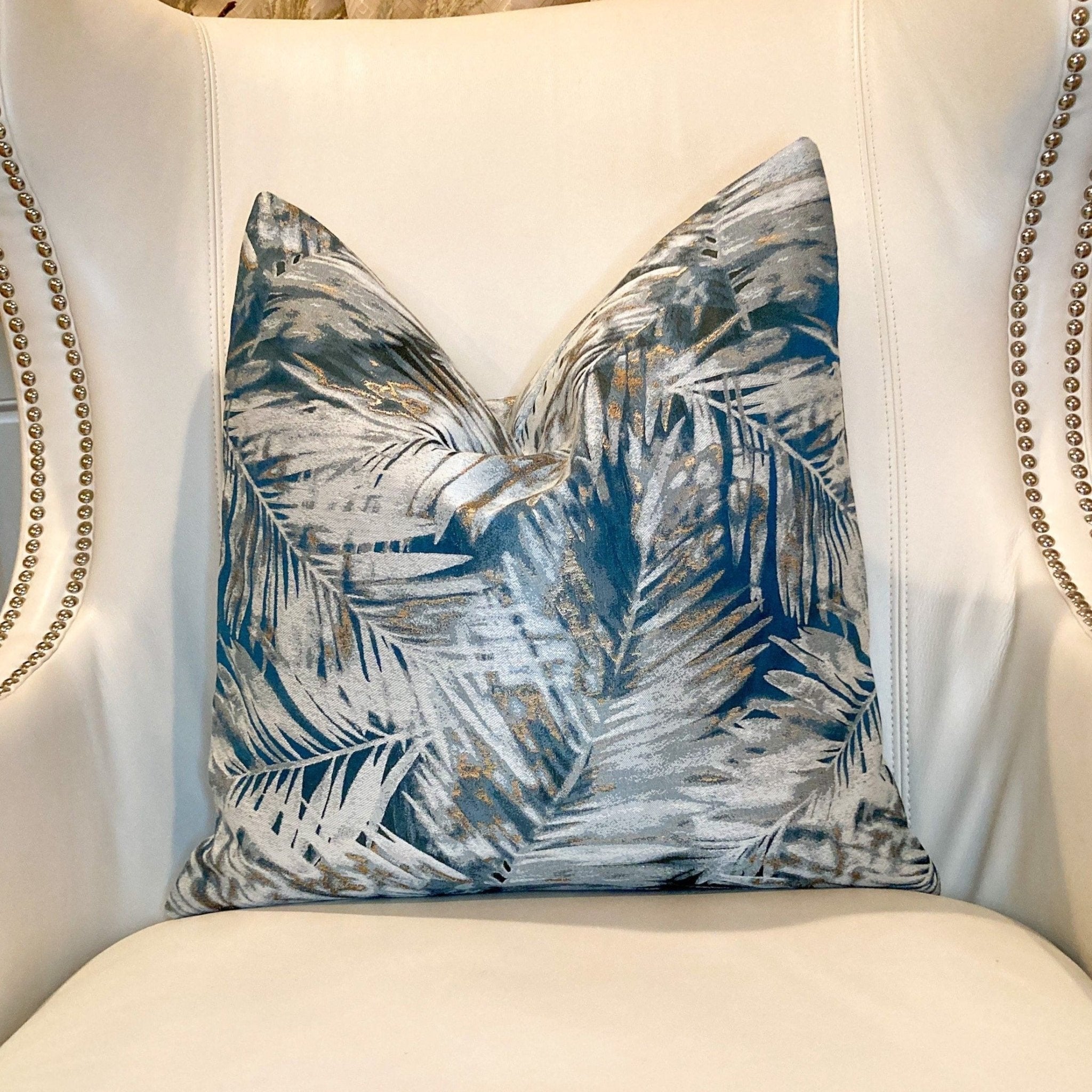 Glam Pillow Cover | Luxury Teal Metallic Leaf Printed Pillow Cover | 20x20 Pillow Cover | Metallic Pillow | Decorative Pillow | Accent Pillow - DiamondValeDecor