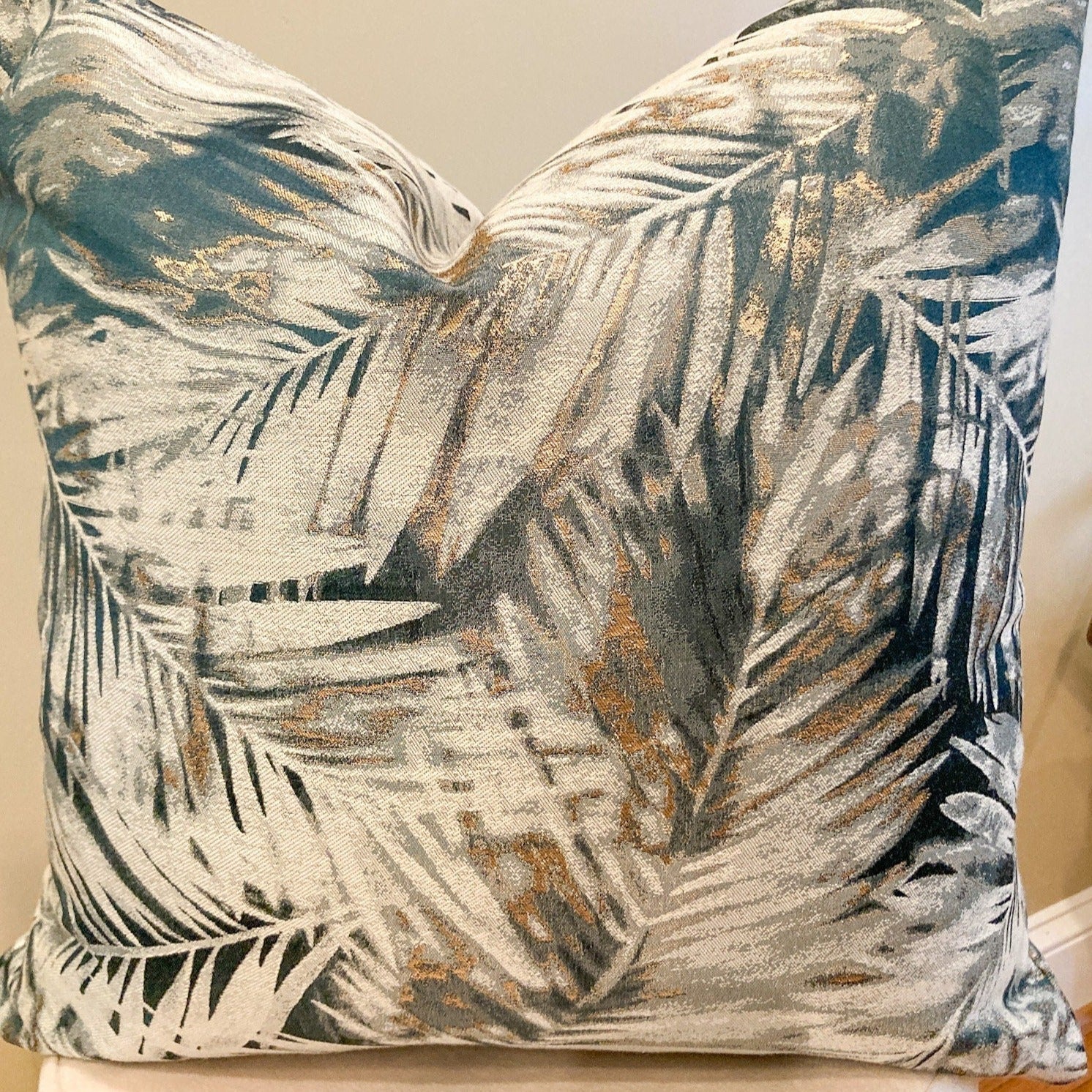 Glam Pillow Cover | Luxury Teal Metallic Leaf Printed Pillow Cover | 20x20 Pillow Cover | Metallic Pillow | Decorative Pillow | Accent Pillow - DiamondValeDecor