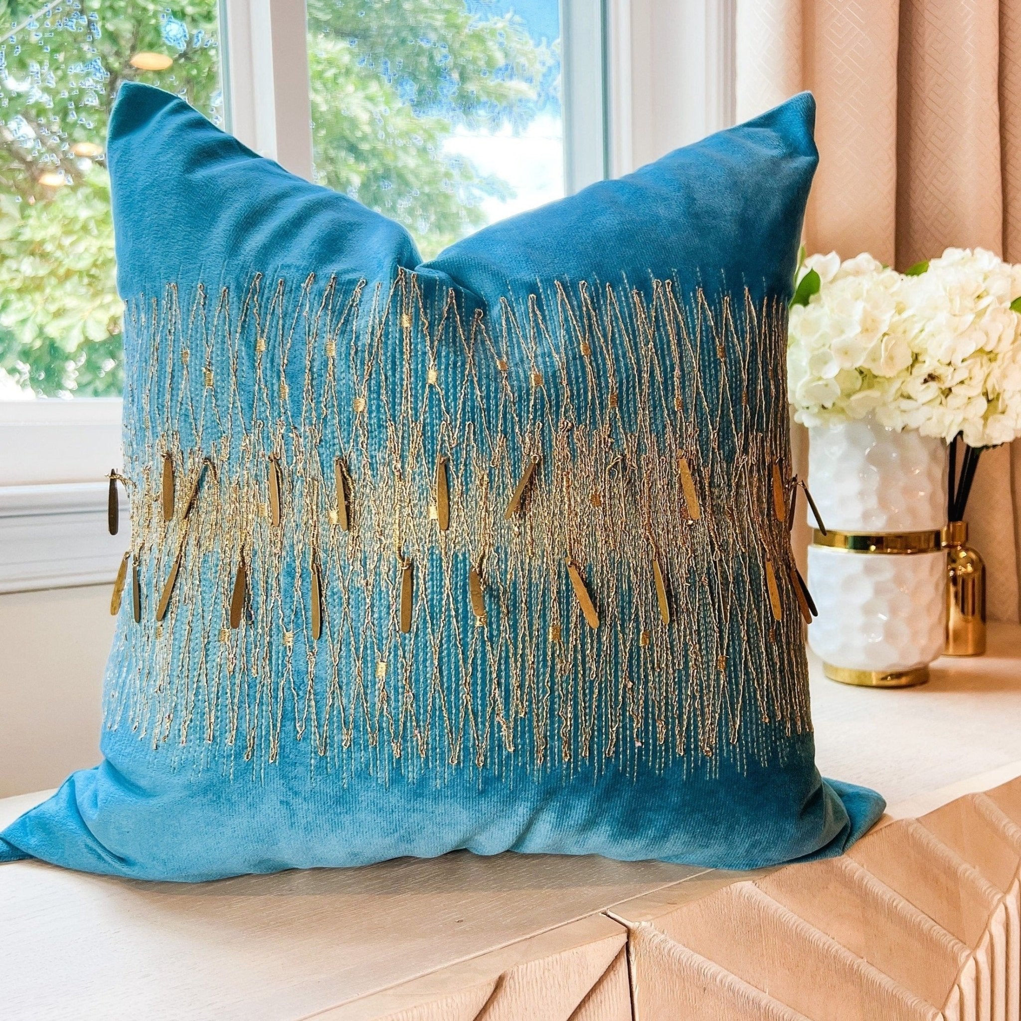 Glam Pillow Cover | Luxury Teal Velvet Pillow | 20x20 Pillow Cover | Metallic Pillow | Decorative Pillow | Accent Pillow | Housewarming Gift - DiamondValeDecor