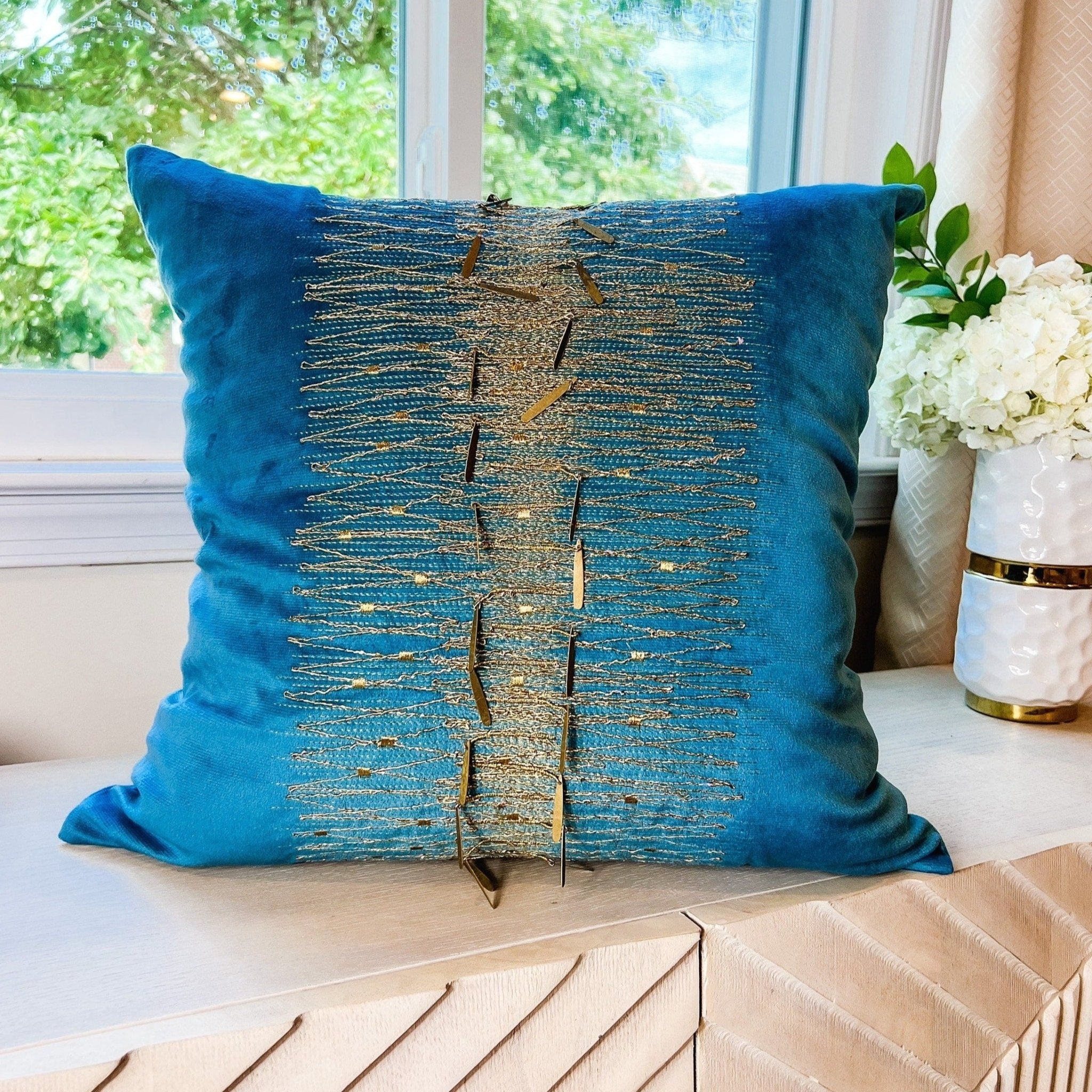 Glam Pillow Cover | Luxury Teal Velvet Pillow | 20x20 Pillow Cover | Metallic Pillow | Decorative Pillow | Accent Pillow | Housewarming Gift - DiamondValeDecor