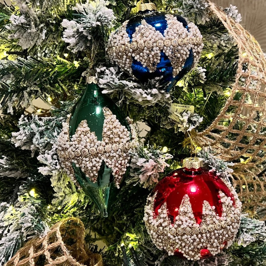 Glass Jeweled Beaded with Rhinestones Ornaments (3 colors available - red, green, blue) - DiamondValeDecor