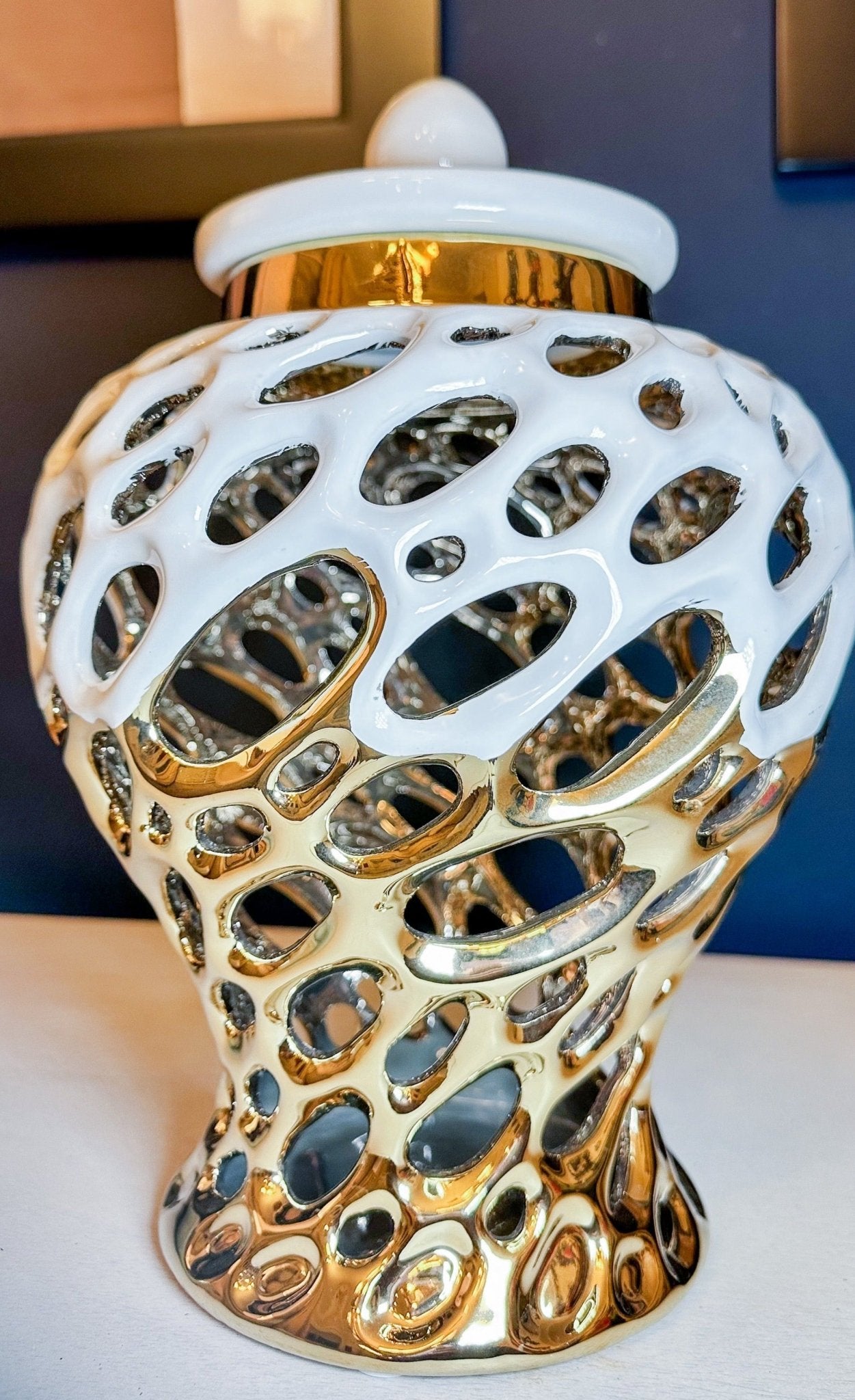 Gold and White Pierced Ceramic Ginger Jar with Marble Lid - DiamondVale