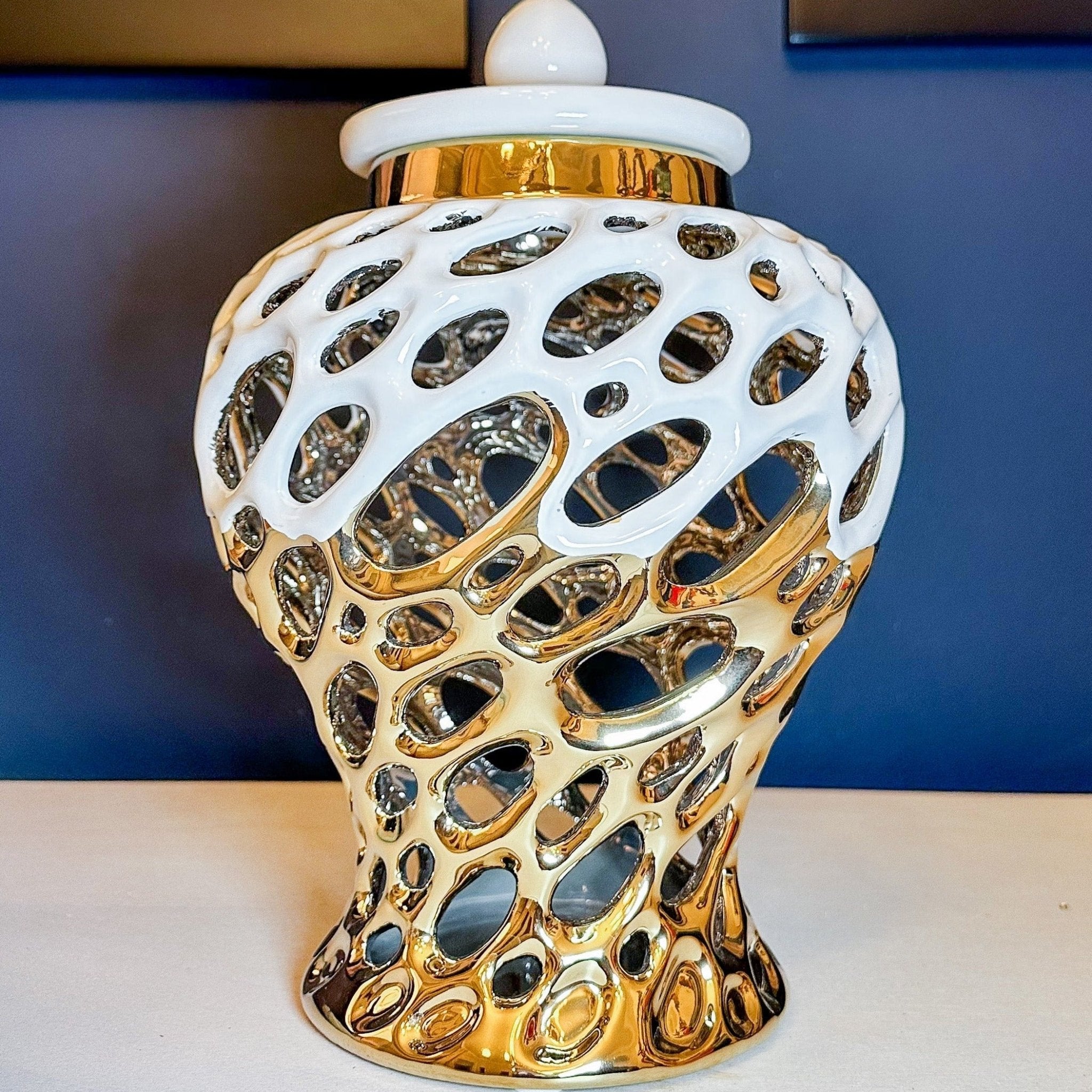Gold and White Pierced Ceramic Ginger Jar with Marble Lid - DiamondVale