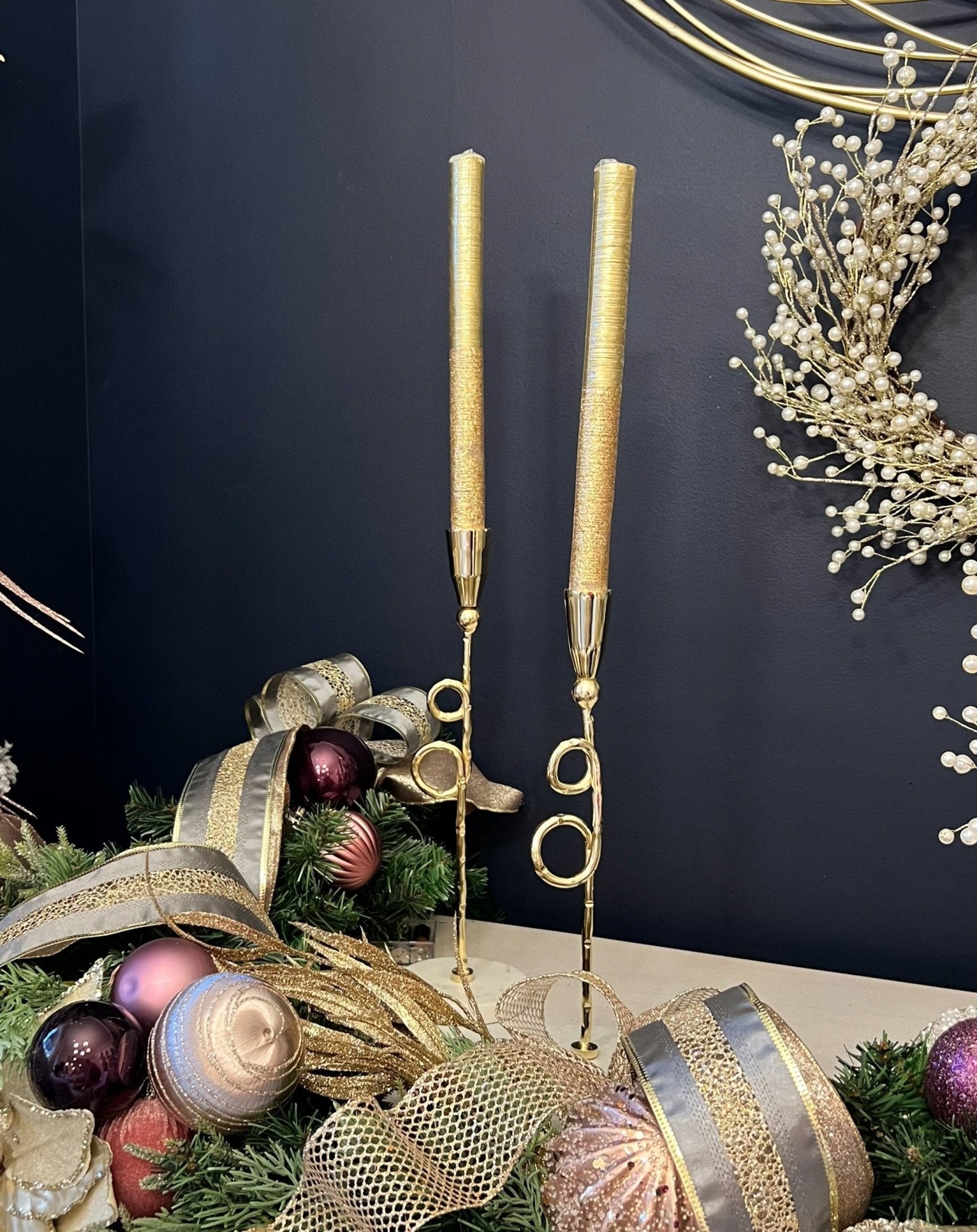 Gold Metal Taper Candle (SM, LG available) Holder with Marble Base (SM, LG) - DiamondValeDecor