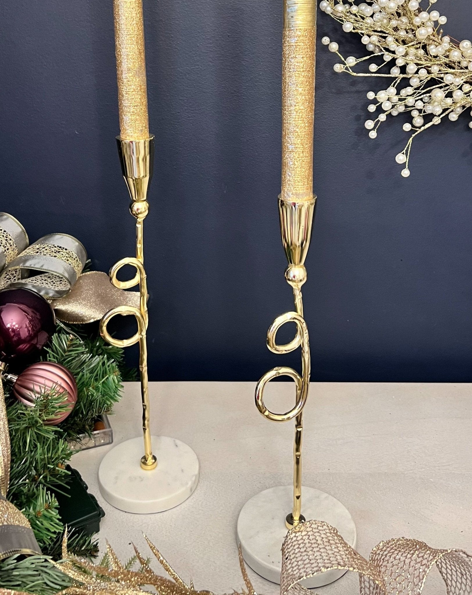 Gold Metal Taper Candle (SM, LG available) Holder with Marble Base (SM, LG) - DiamondValeDecor