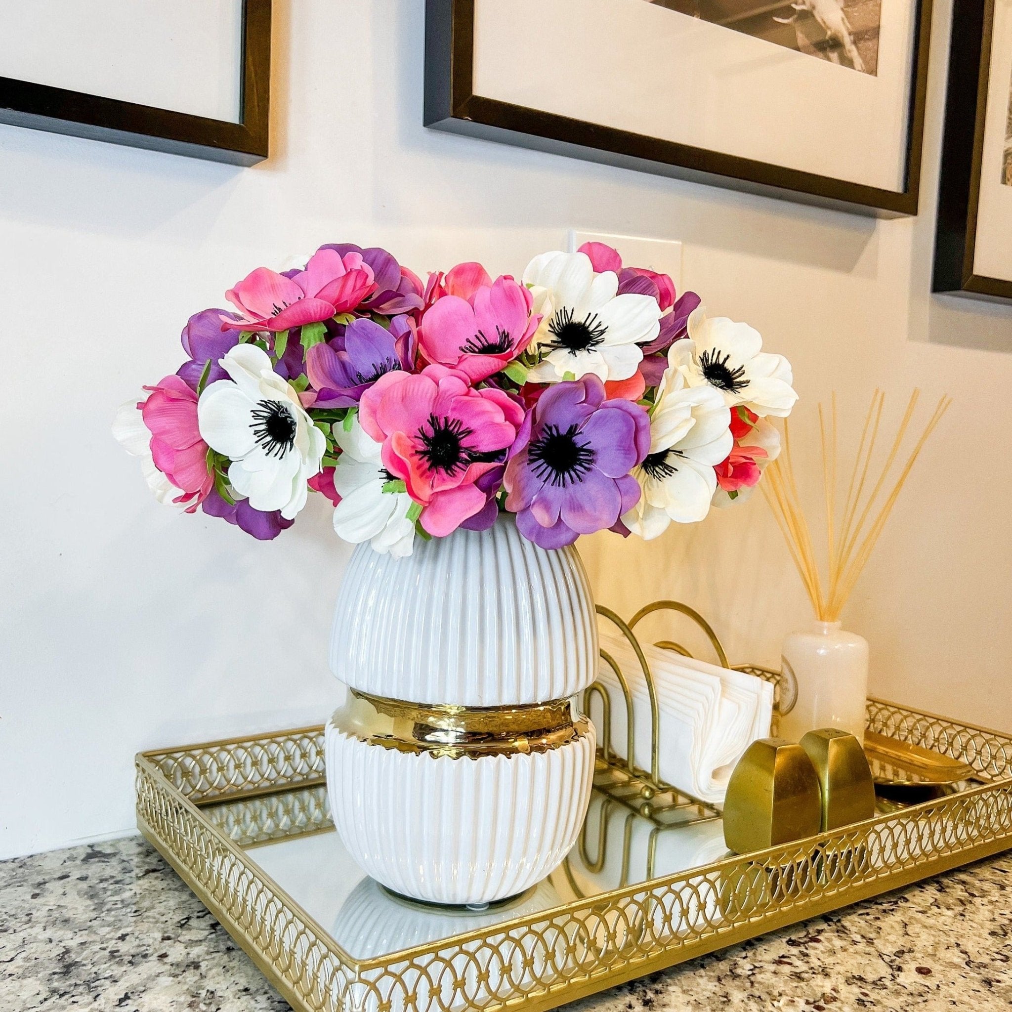 Pink Lilac White Anemone Bunch (11") | Pink Flower | Spring Flower | Artificial Flowers | Faux Flowers | Faux Floral Arrangement - DiamondValeDecor