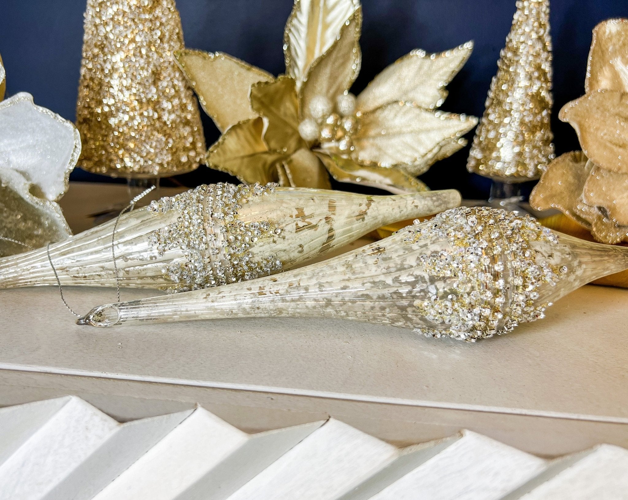 Platinum Jeweled 10.5" Glass Drop Ornament (2 styles) - DiamondValeDecor