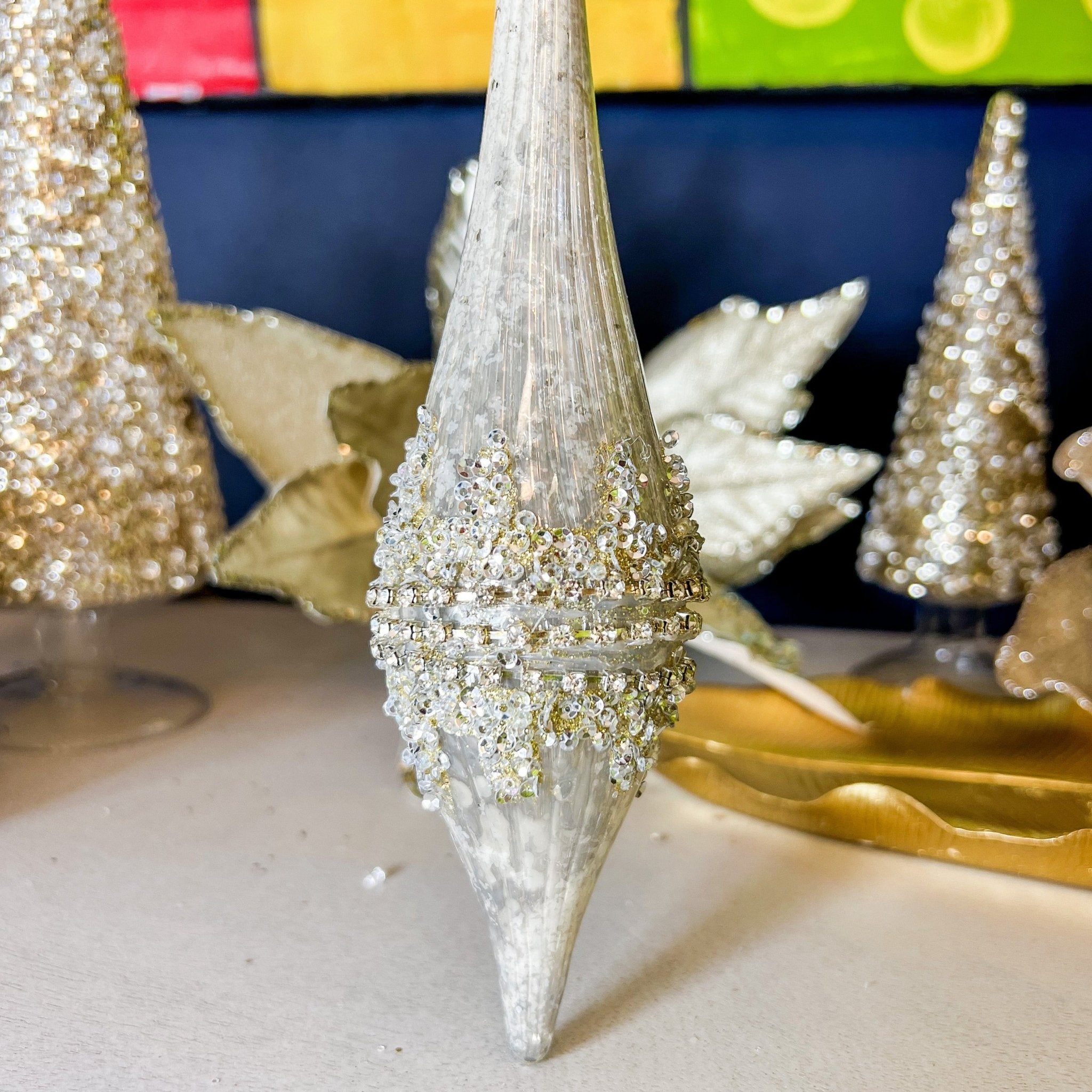 Platinum Jeweled 10.5" Glass Drop Ornament (2 styles) - DiamondValeDecor