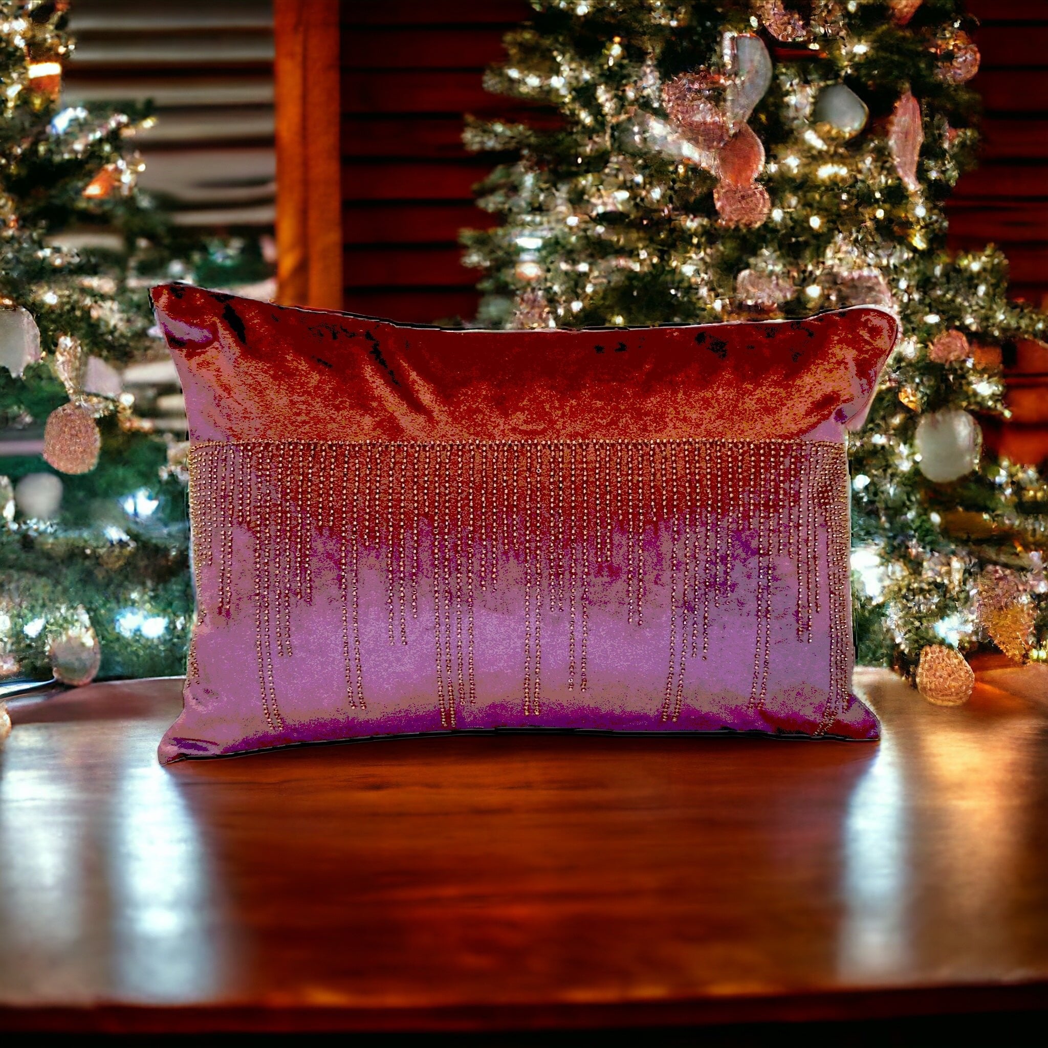 Plum Beaded Velvet Lumbar Pillow Cover - DiamondVale