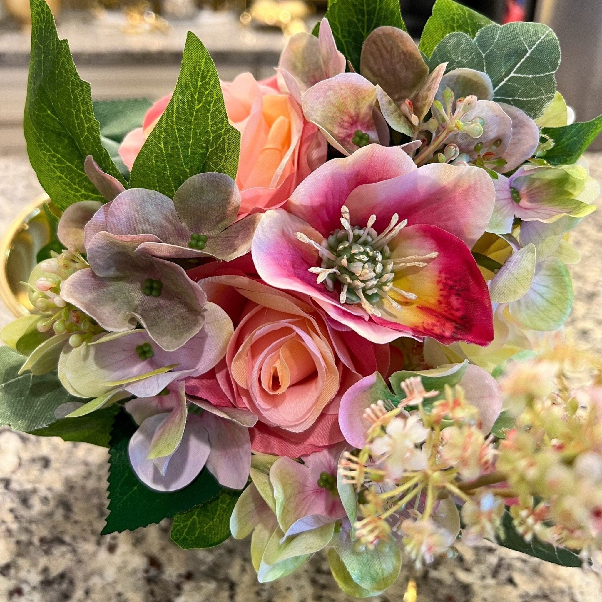 Rose-Hydrangea Bouquet (13") | Pink Flower | Spring Flower | Artificial Flowers | Faux Rose | Faux Hydrangea | Faux Floral Arrangement - DiamondValeDecor