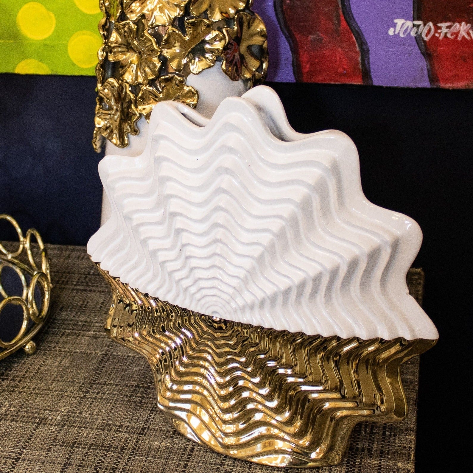 Round White and Gold Porcelain Vase (11") | Gold Vase Centerpiece | Porcelain Gold Vase | White Flower Vase | Glam Vase | Housewarming Gift - DiamondValeDecor