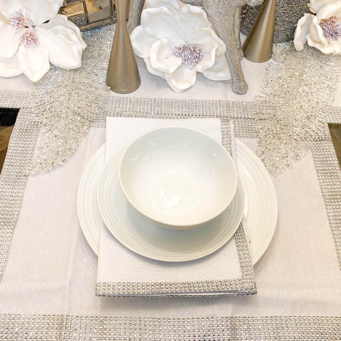 Silver Rhinestone Placemat 14x20 (Set of 4) | Silver Table Decor | Silver Table Linen | New Home Gift | Wedding Gift - DiamondValeDecor
