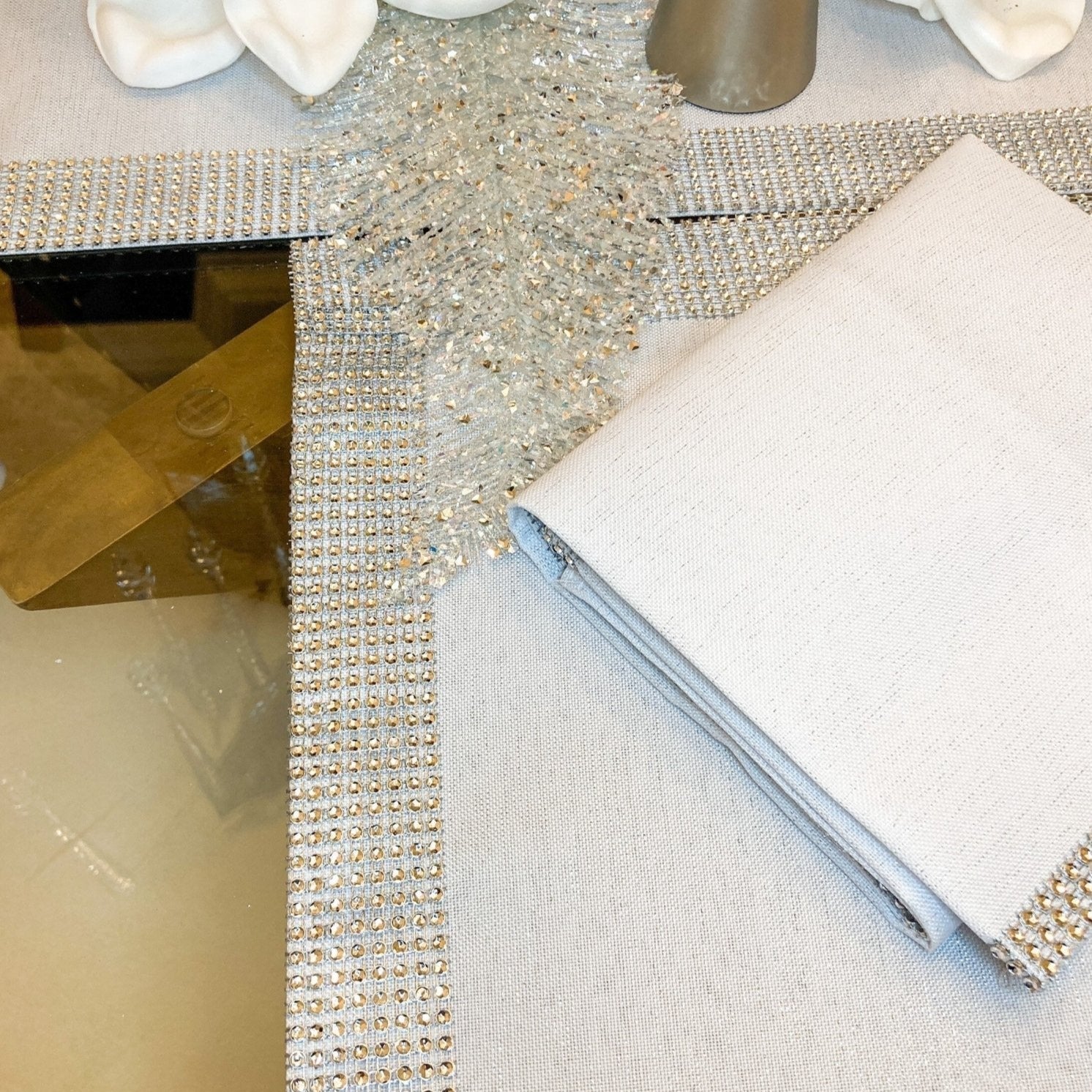 Silver Rhinestone Placemat 14x20 (Set of 4) | Silver Table Decor | Silver Table Linen | New Home Gift | Wedding Gift - DiamondValeDecor