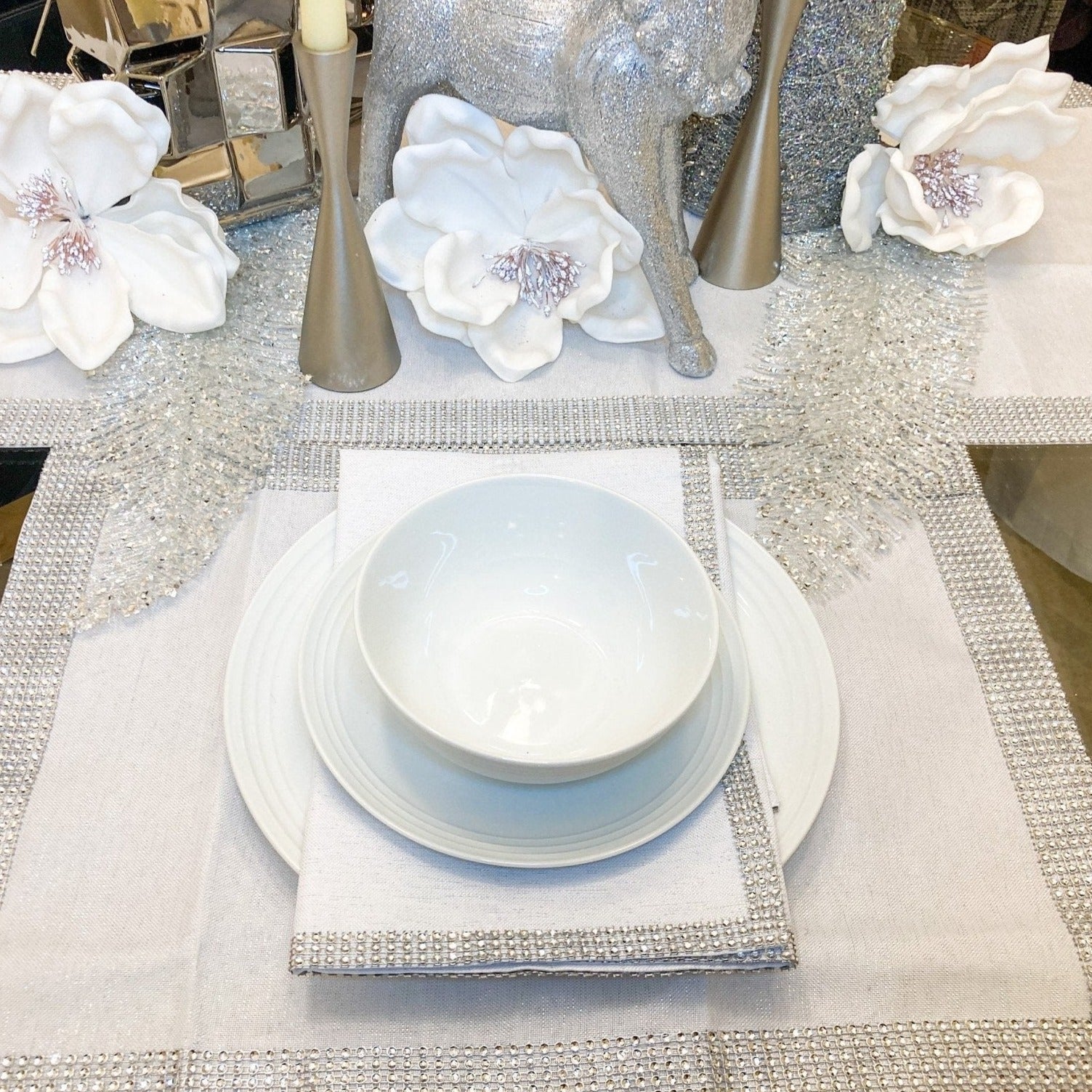 Silver Rhinestone Placemat 14x20 (Set of 4) | Silver Table Decor | Silver Table Linen | New Home Gift | Wedding Gift - DiamondValeDecor