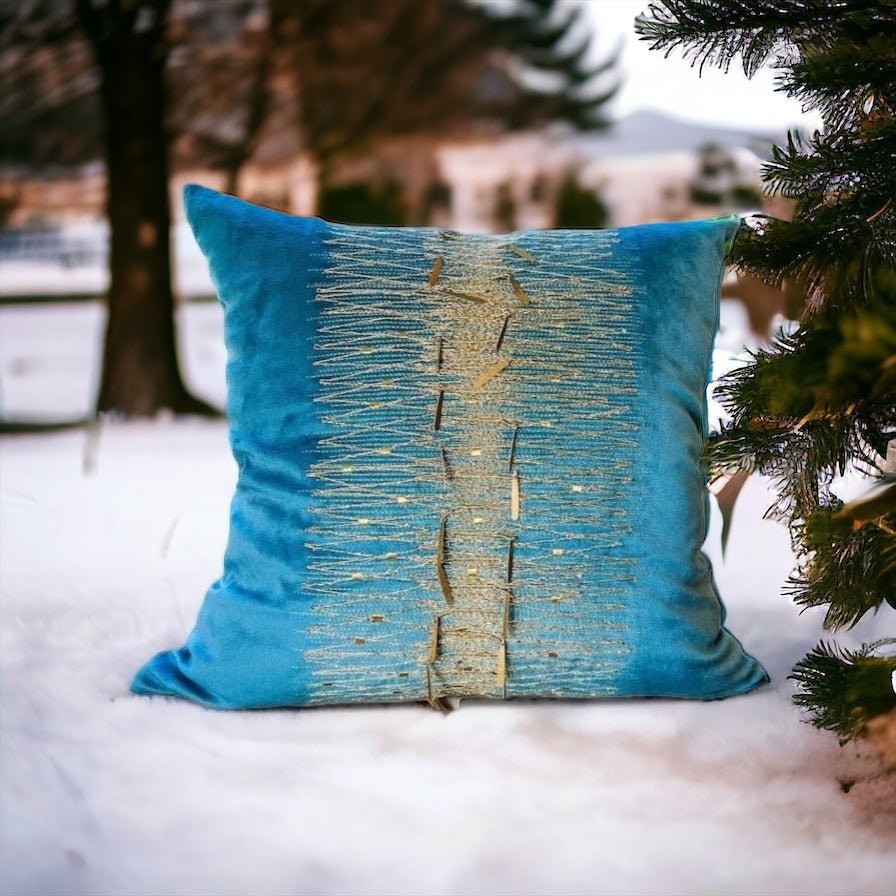 Teal Velvet with Gold Thread Design 20x20 Pillow Cover - DiamondVale