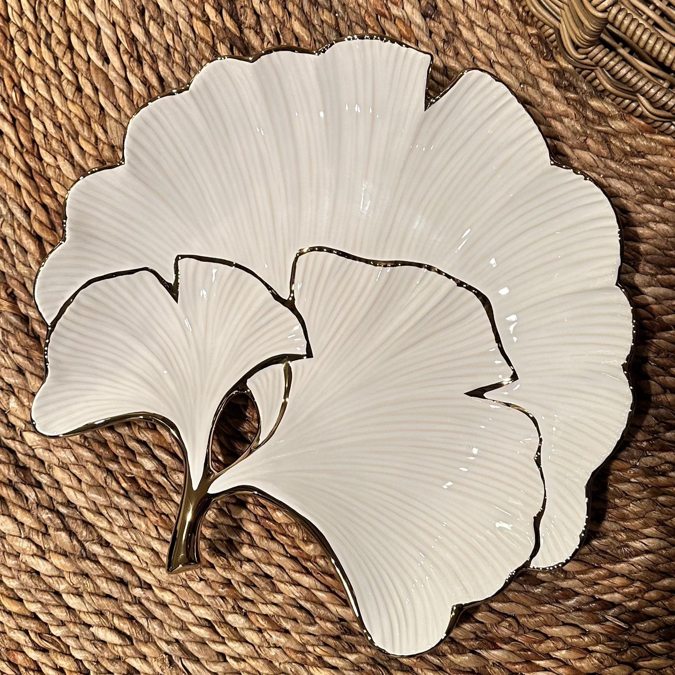 white porcelain leaf plate with gold edge
