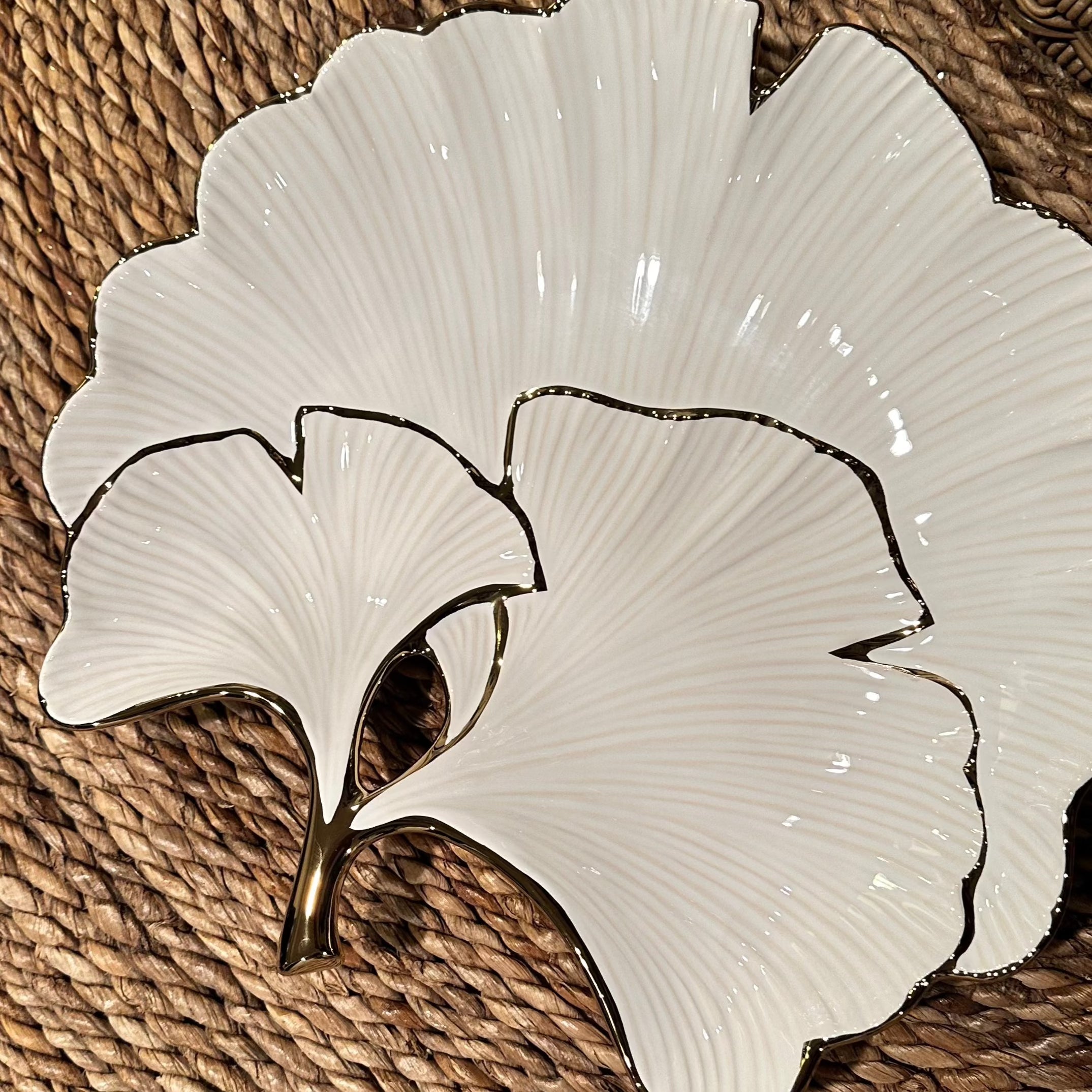 White Porcelain Leaf Plate with Gold Edge (11.75")