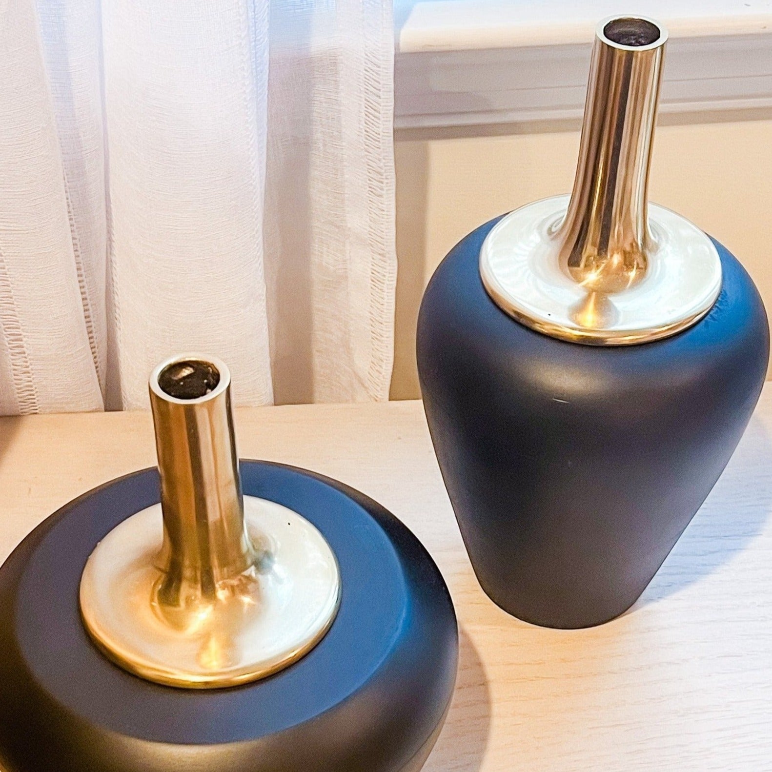 Black Wood Vases w/ long Gold Metal Necks (Set of 2) - DiamondVale