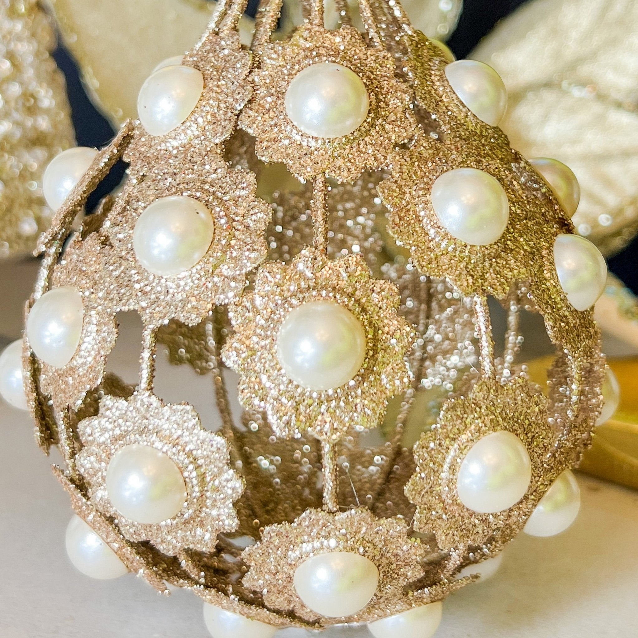 Champagne Metallic Pearl Teardrop Ornament - DiamondValeDecor