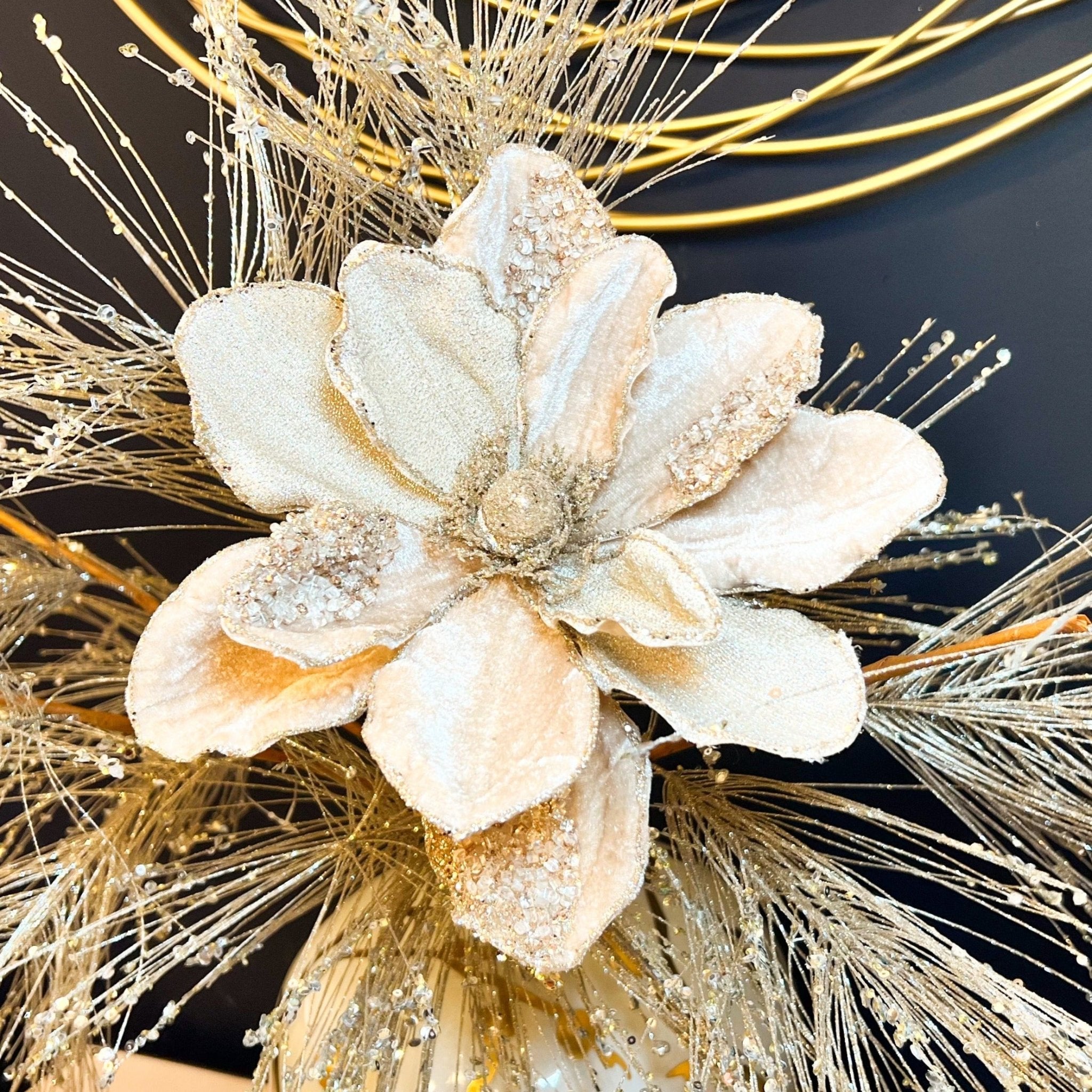 Champagne Velvet Beaded Metallic Magnolia Stem (21") - DiamondVale