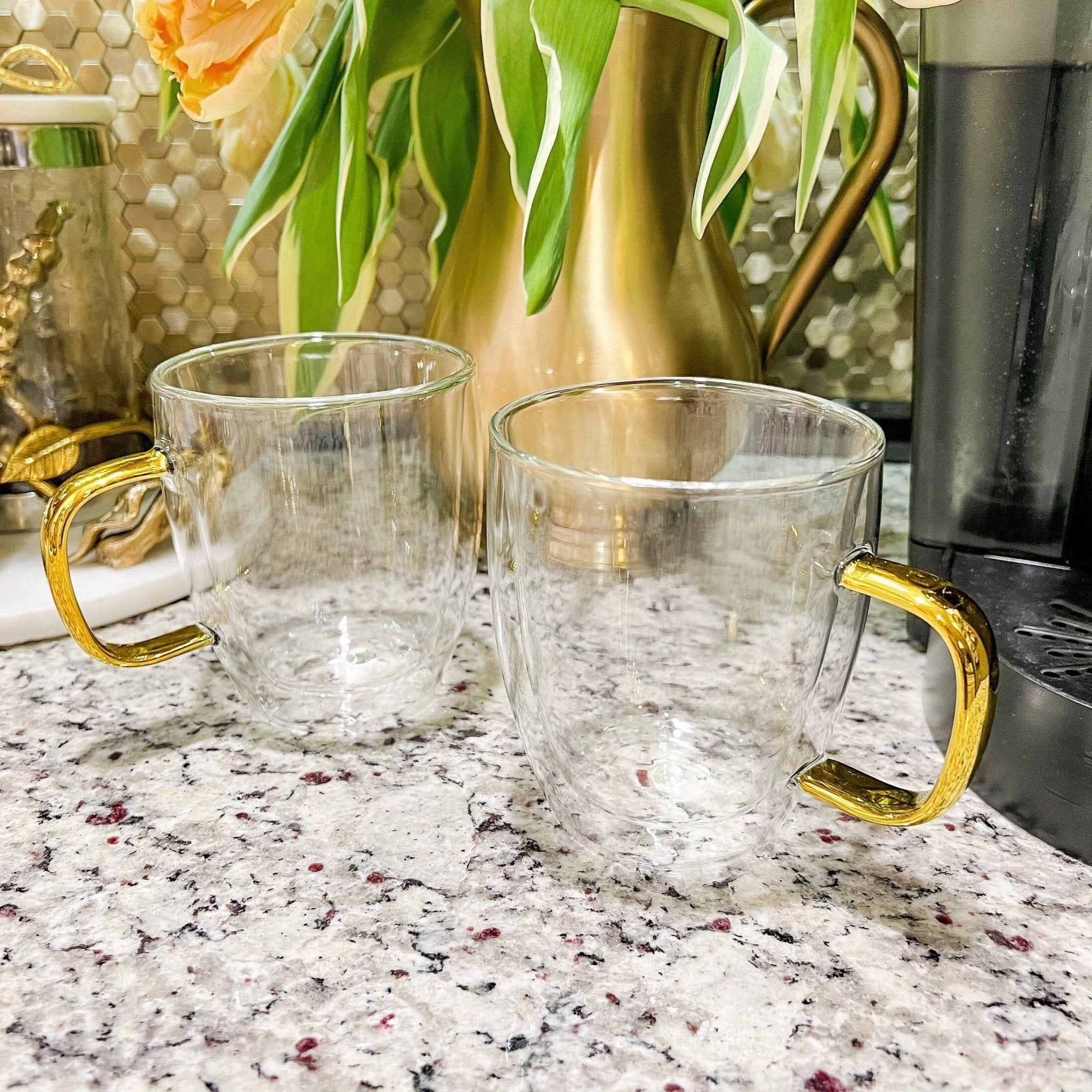 Double Wall Glass Coffee Mug with Gold Metallic Handle (16oz