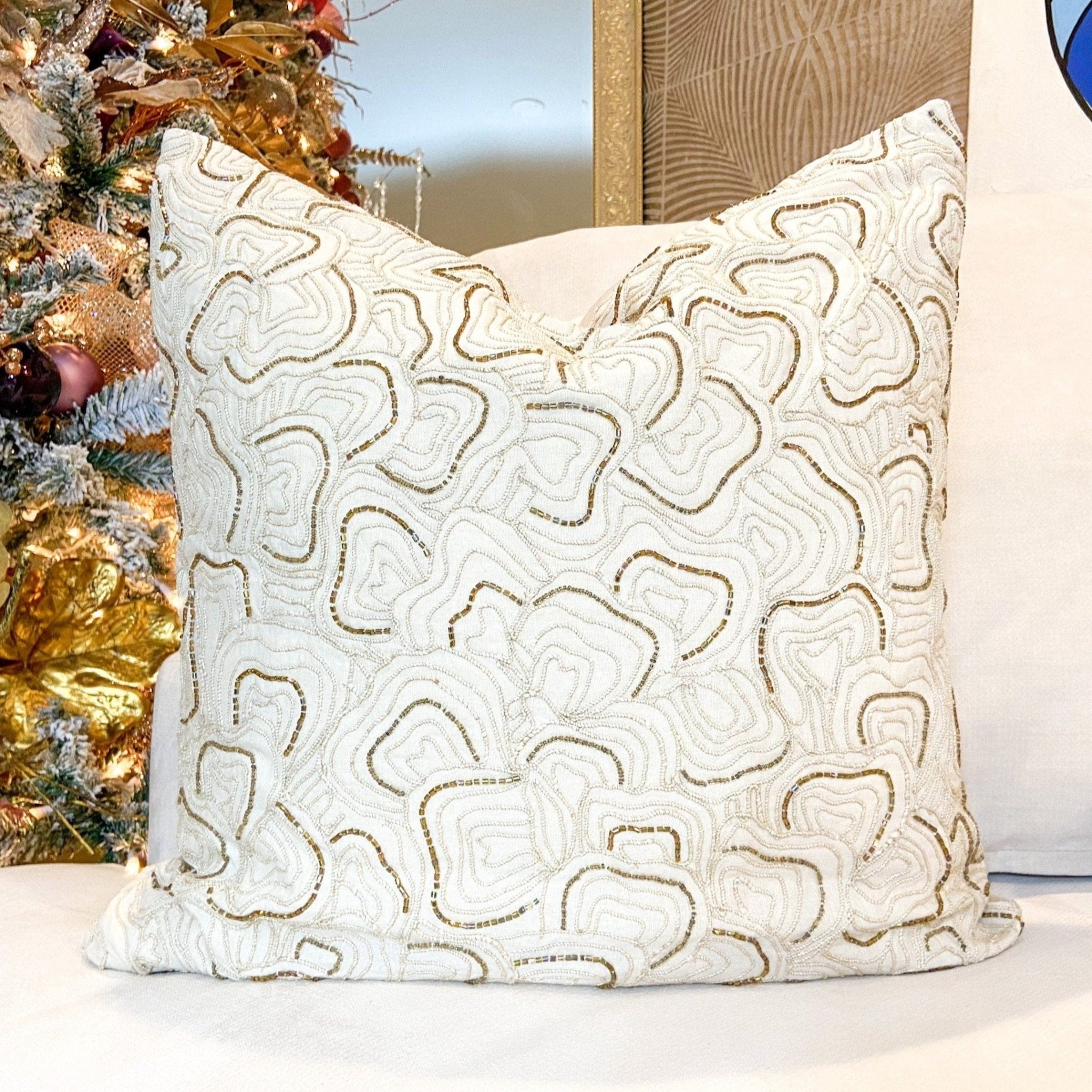 Glam Pillow Cover | Luxury Ivory Beaded Velvet Pillow | 20x20 Pillow Cover | Metallic Pillow | Decorative Pillow | Accent Pillow |Housewarming Gift - DiamondValeDecor