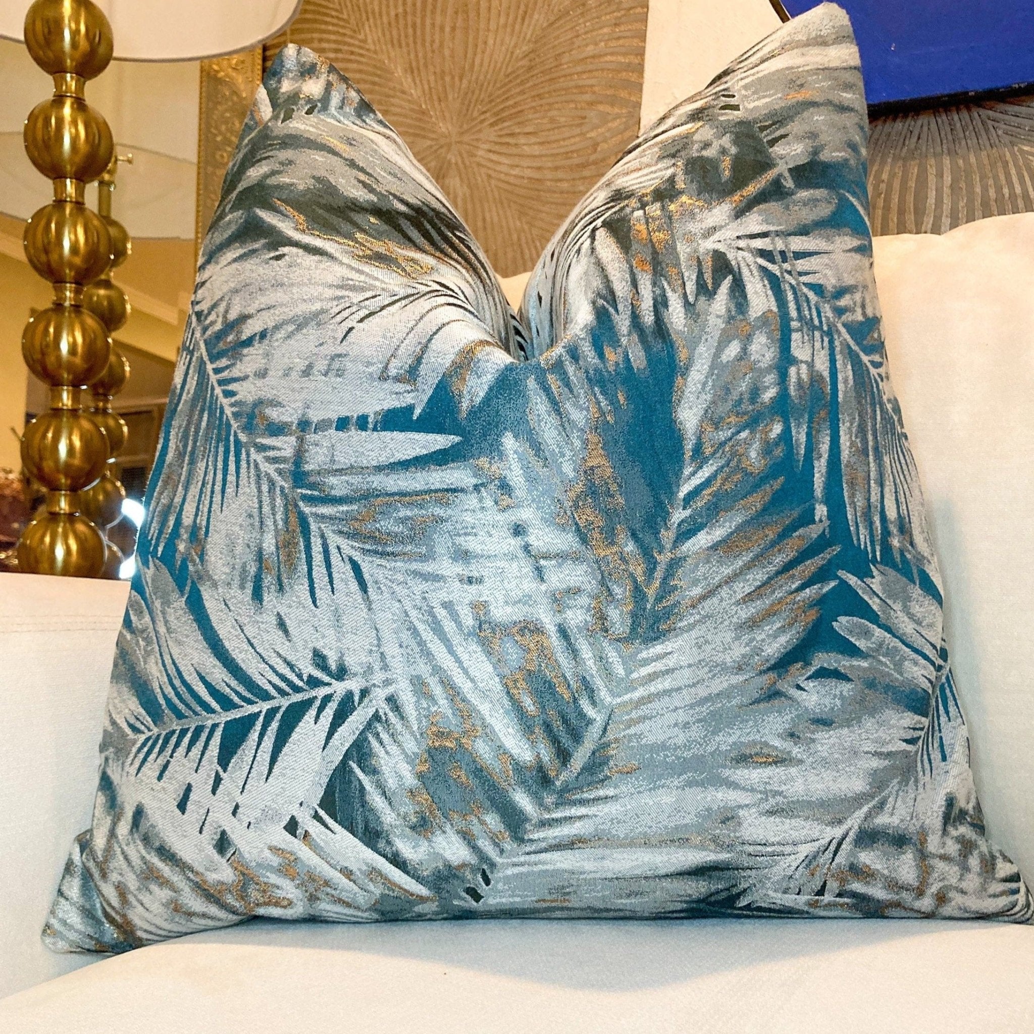 Glam Pillow Cover | Luxury Teal Metallic Leaf Printed Pillow Cover | 20x20 Pillow Cover | Metallic Pillow | Decorative Pillow | Accent Pillow - DiamondValeDecor