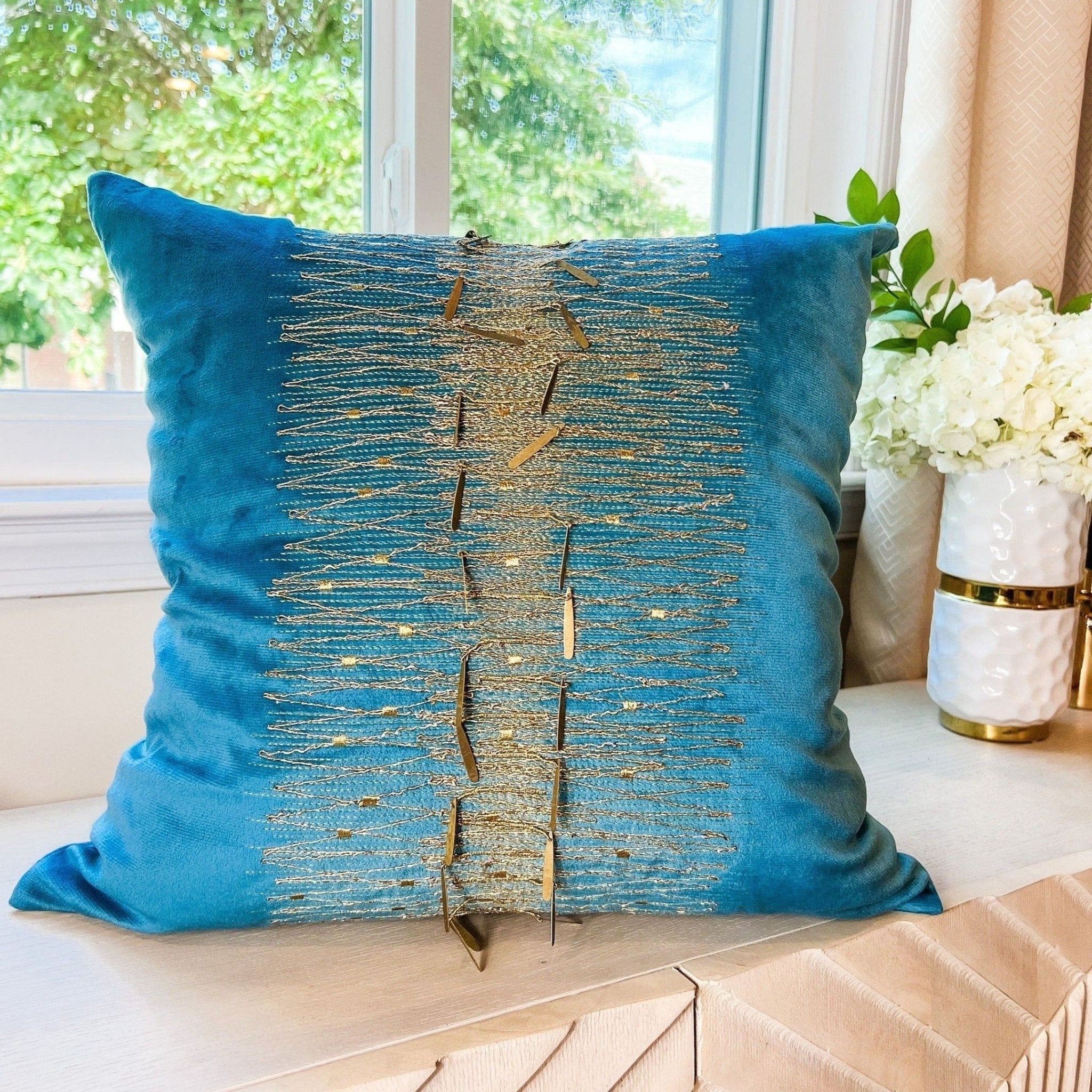 Glam Pillow Cover | Luxury Teal Velvet Pillow | 20x20 Pillow Cover | Metallic Pillow | Decorative Pillow | Accent Pillow | Housewarming Gift - DiamondValeDecor