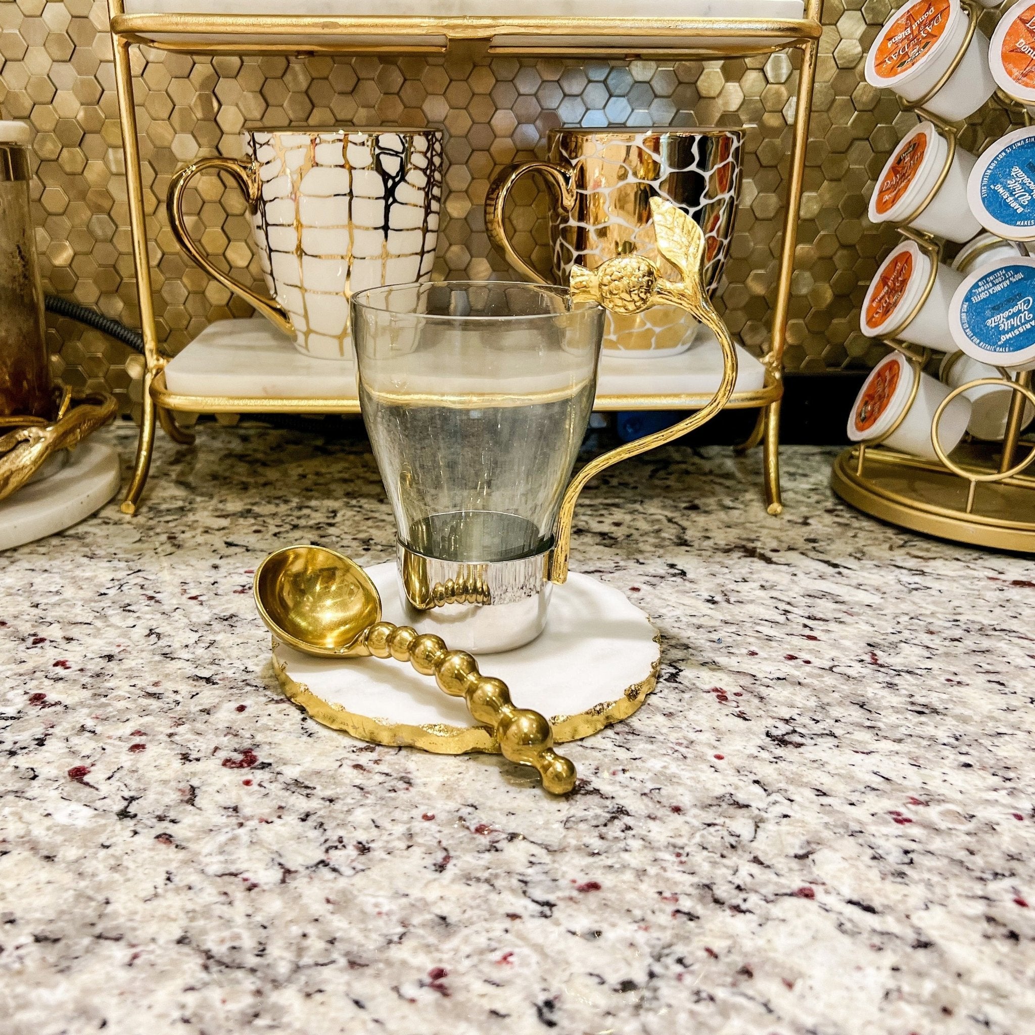 Glass Mug with Silver Base and Gold Pomegranate Detail Handle